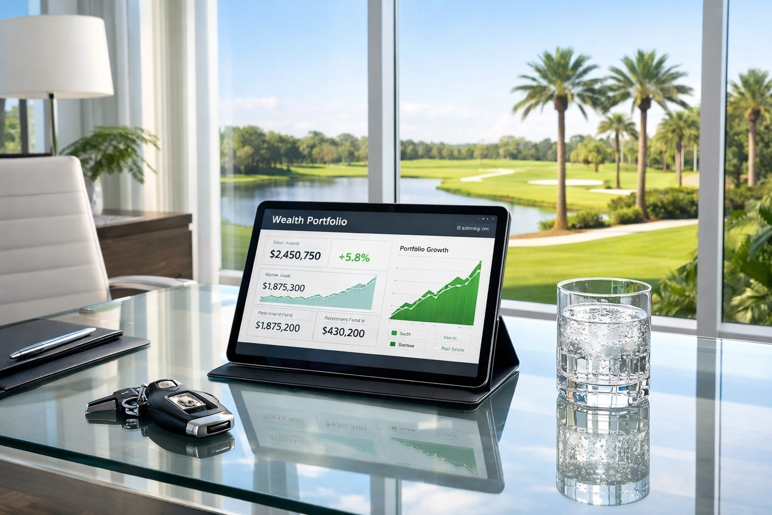 Modern Wesley Chapel office with a wealth dashboard illustrating tax-efficient investing strategies.