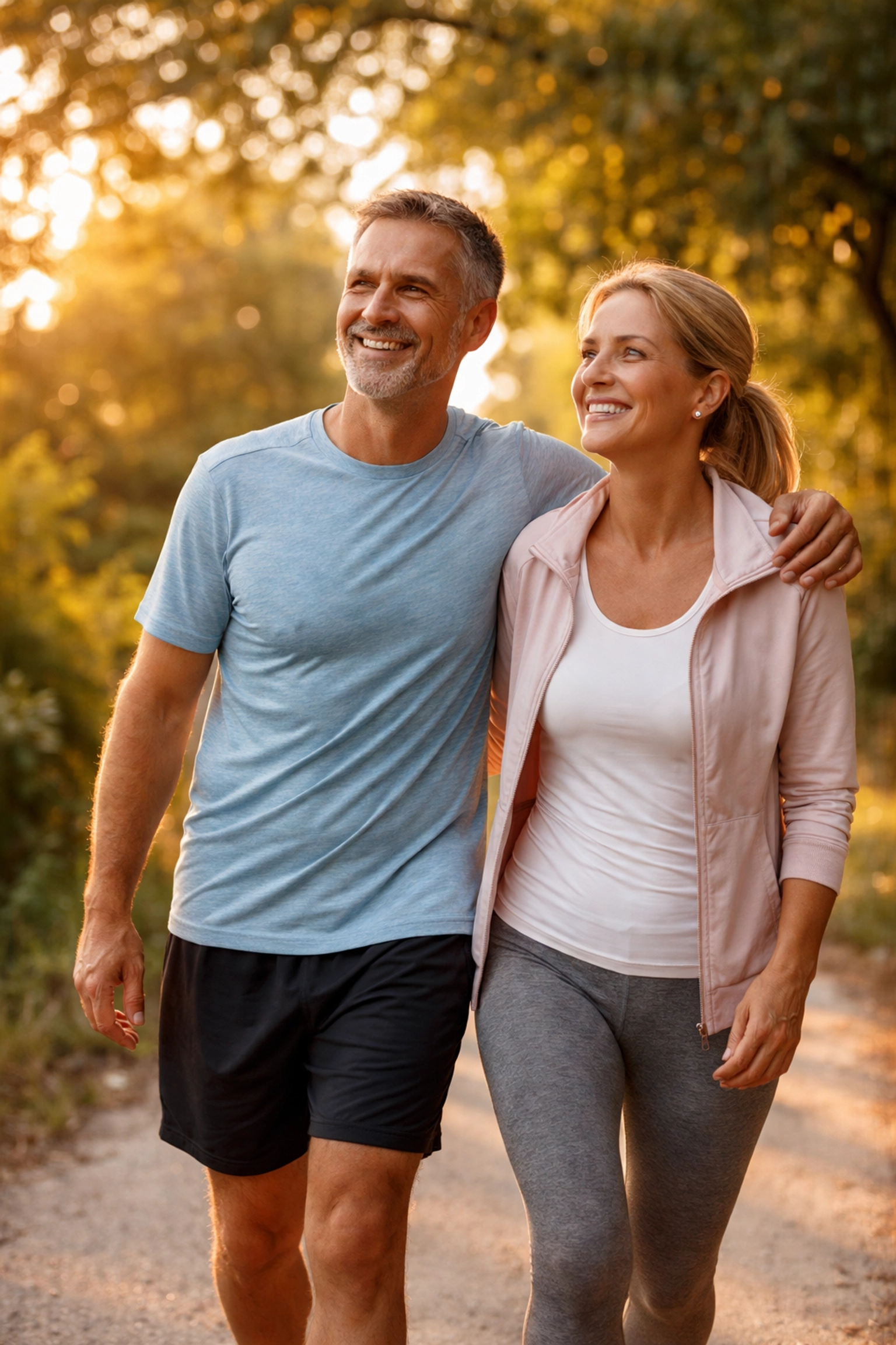 Active middle-aged couple walking outdoors, reflecting improved wellness through supervised weight loss.