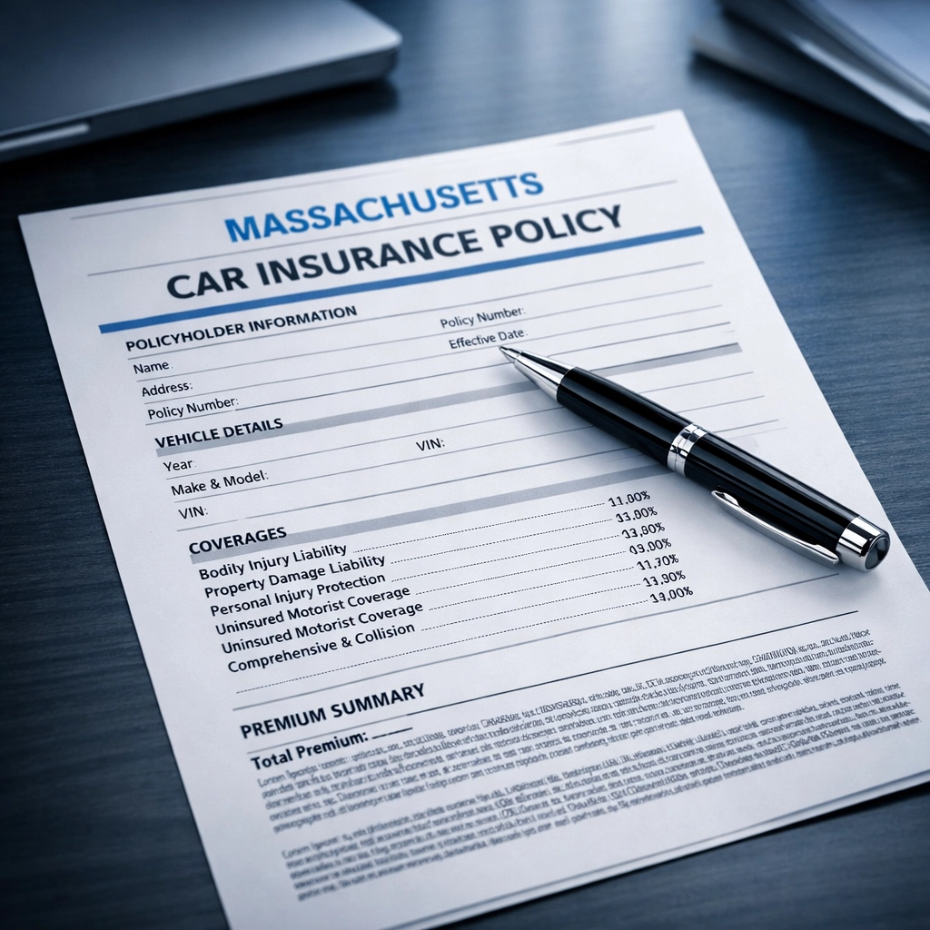 Massachusetts car insurance policy document showing PIP coverage requirements