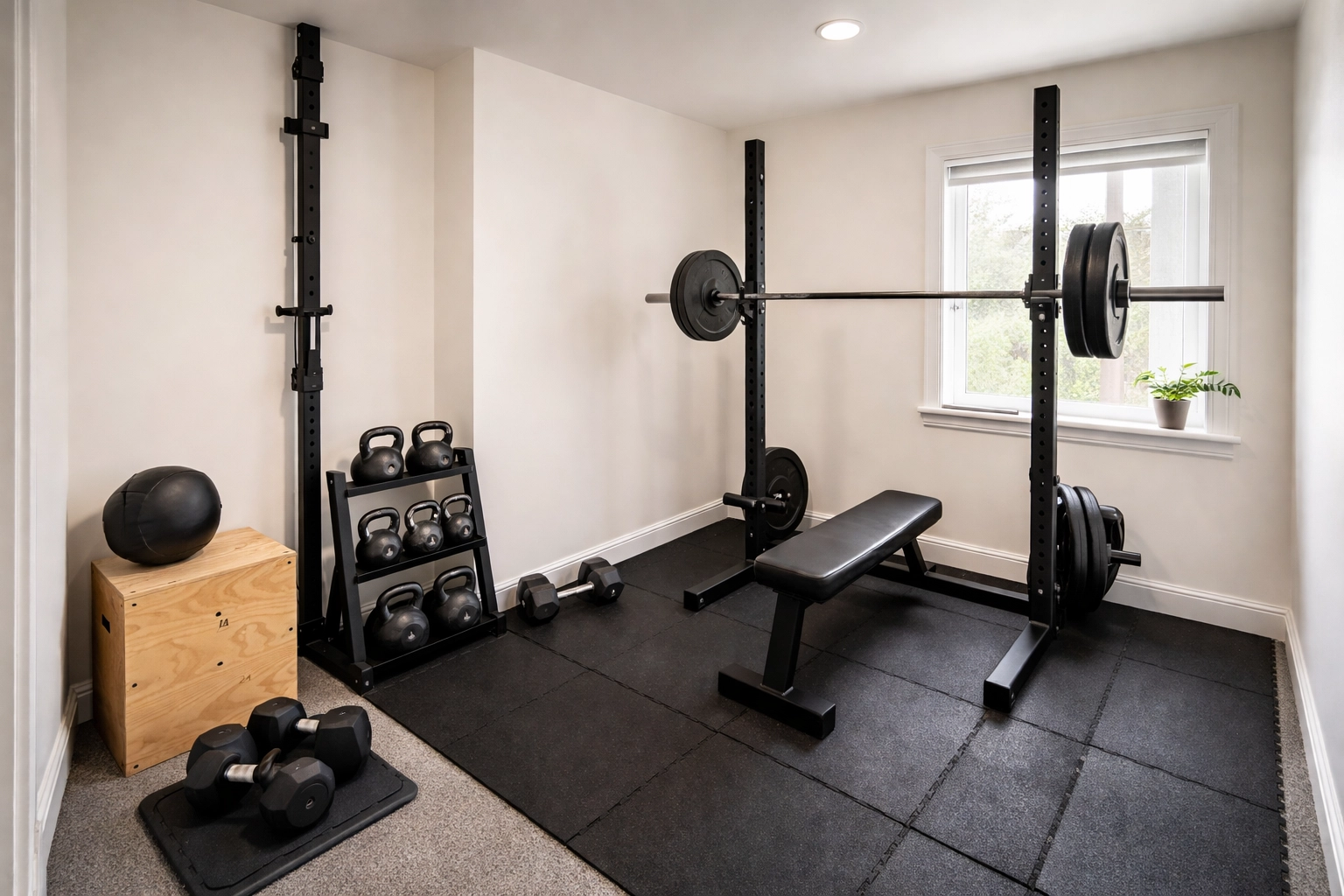 Small spare bedroom transformed into a compact CrossFit home gym with squat stand, training rail, kettlebells, and plyo box