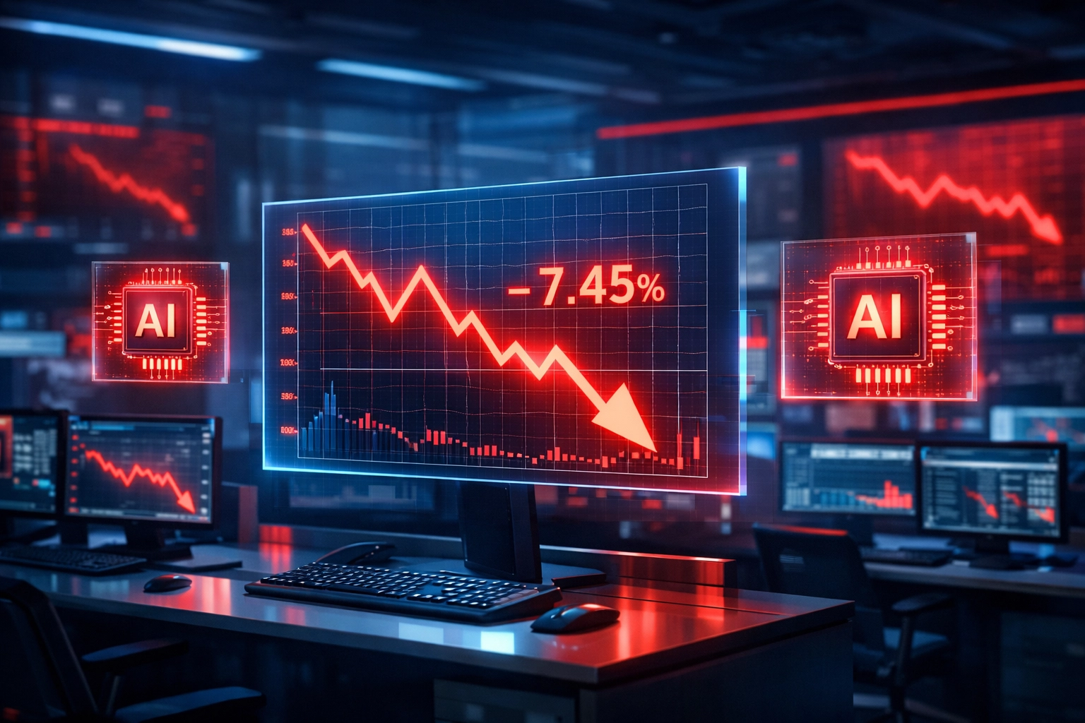 AI tech stock market decline shown on digital trading floor screens with downward trends