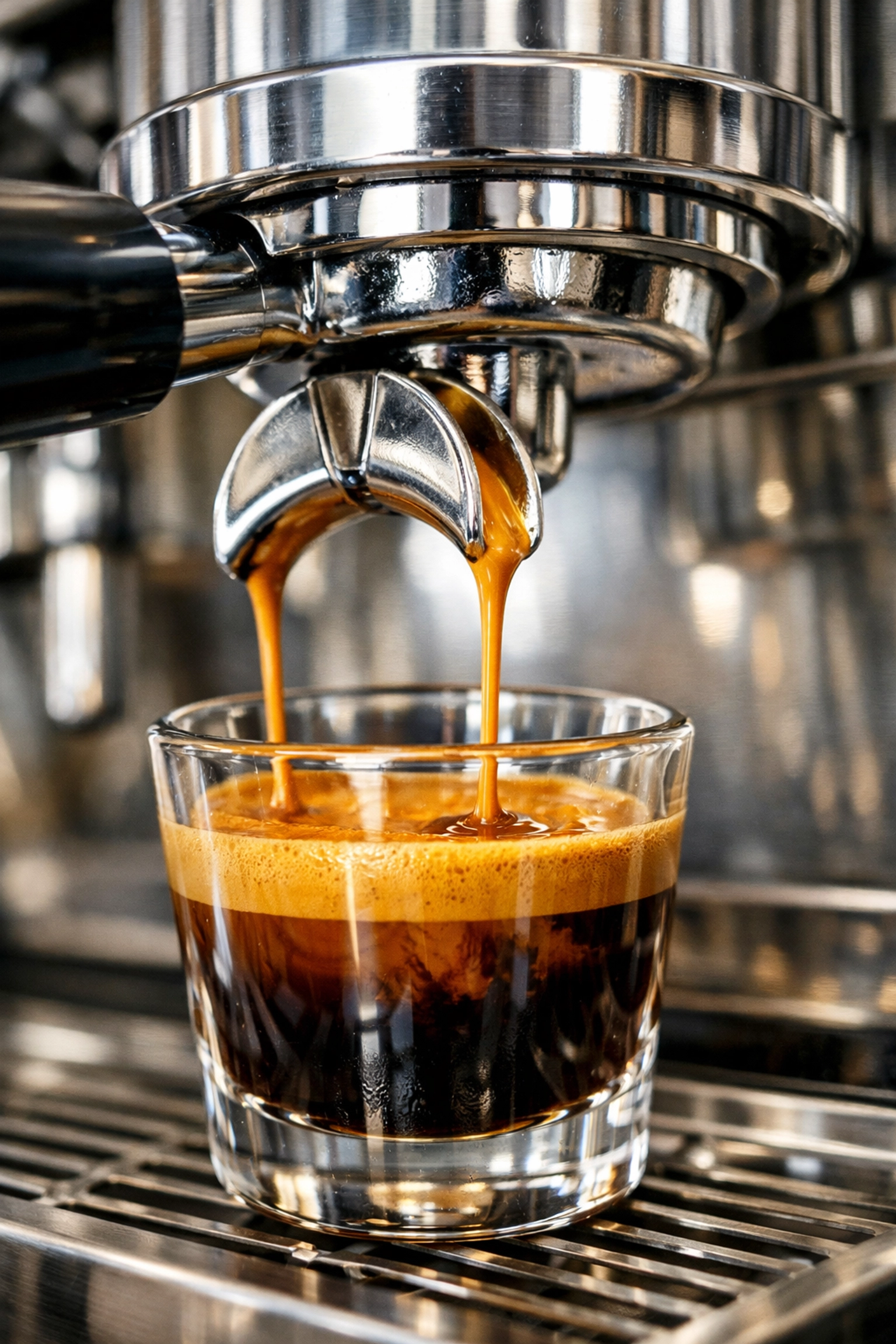 Close-up of golden crema during espresso extraction from professional speciality coffee equipment.