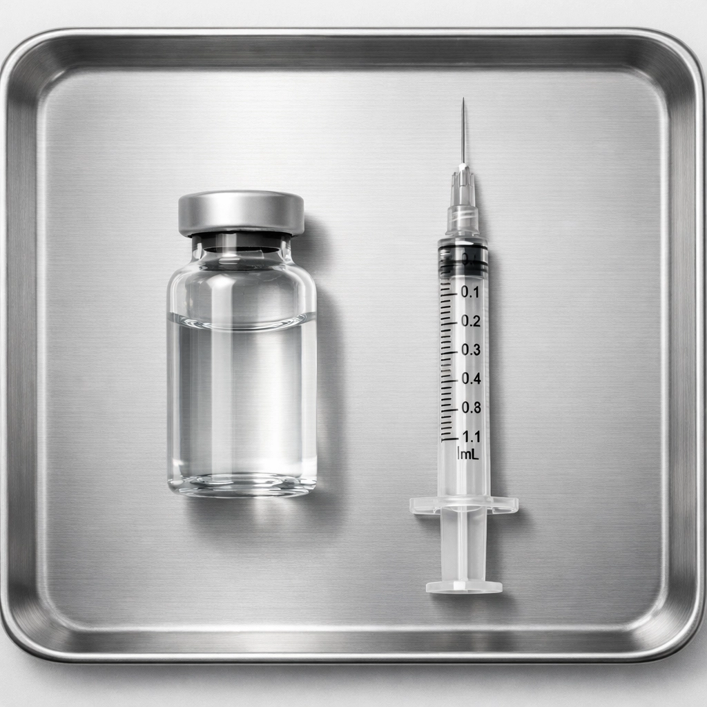 Precision research syringe and vial on a sterile tray for accurate peptide reconstitution dosage.