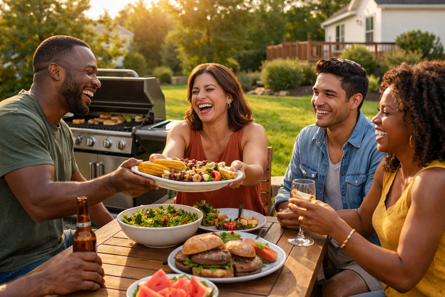 Diverse friends at a backyard BBQ, enjoying the community lifestyle in the NC Triad real estate market.