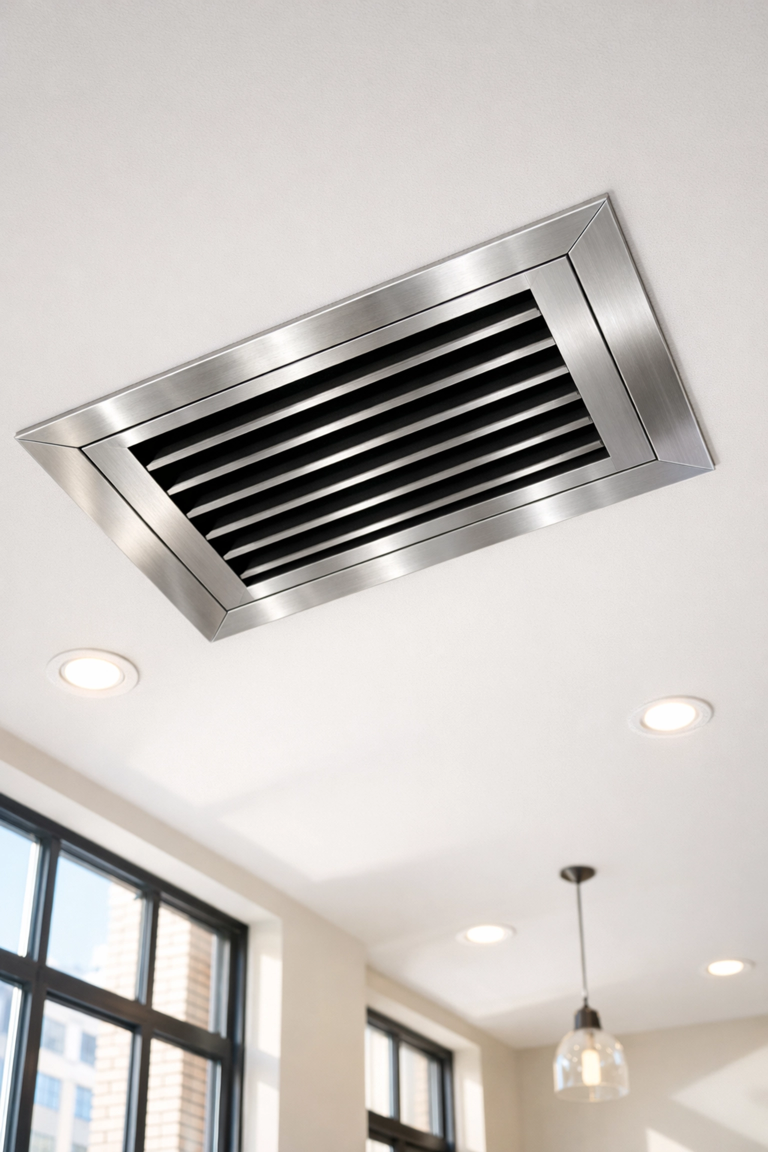 Clean HVAC ceiling vent in a bright Detroit loft lobby, highlighting detailed building maintenance.