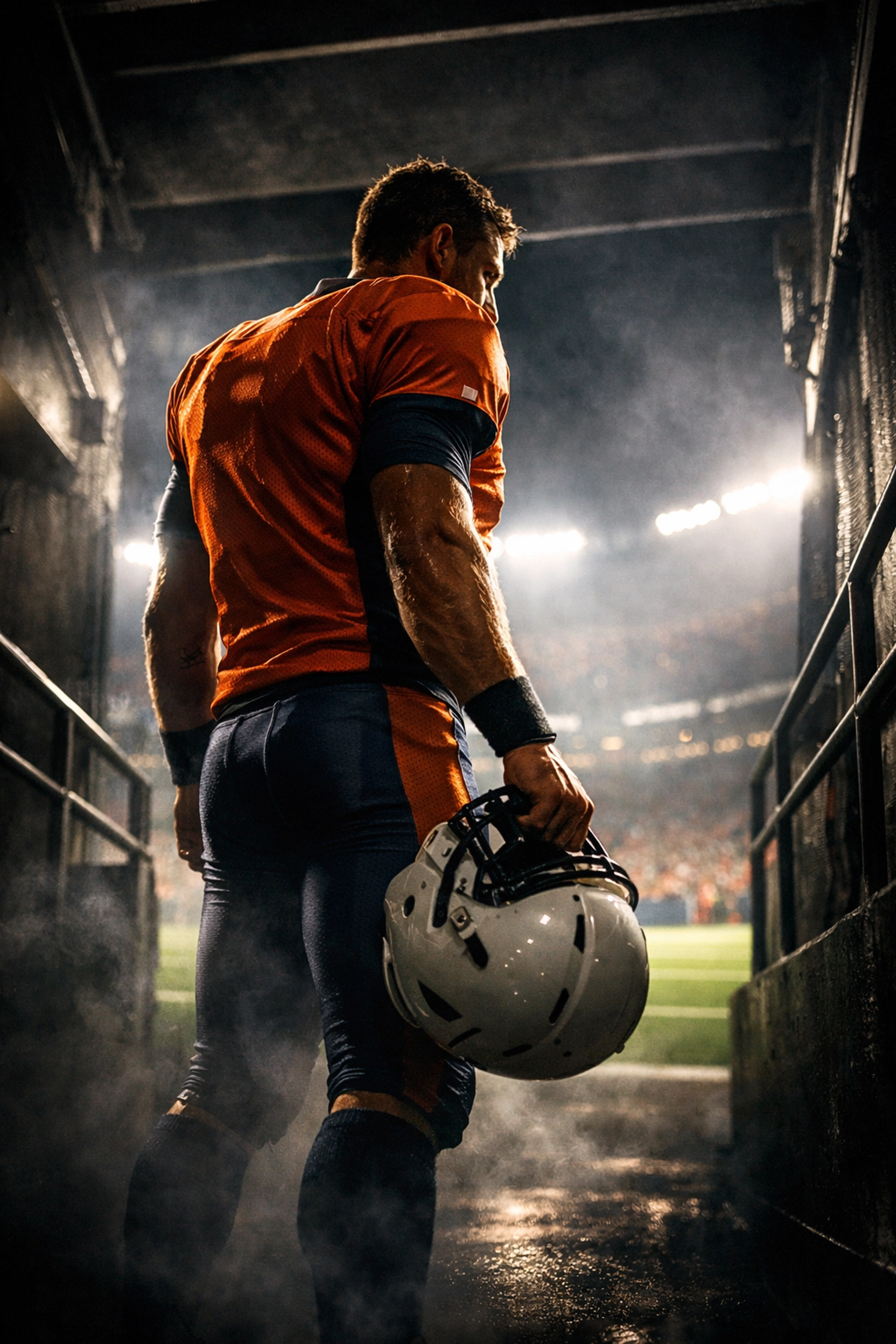 College quarterback in Syracuse colors preparing for a game, symbolizing Malachi Nelson's redemption.