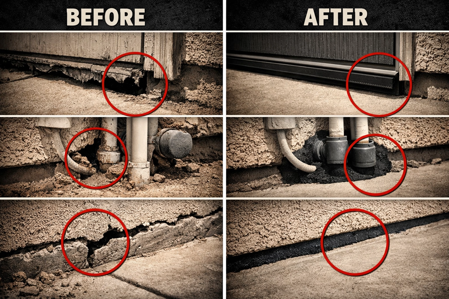 Before and after pest exclusion work on Coolidge home showing sealed entry points