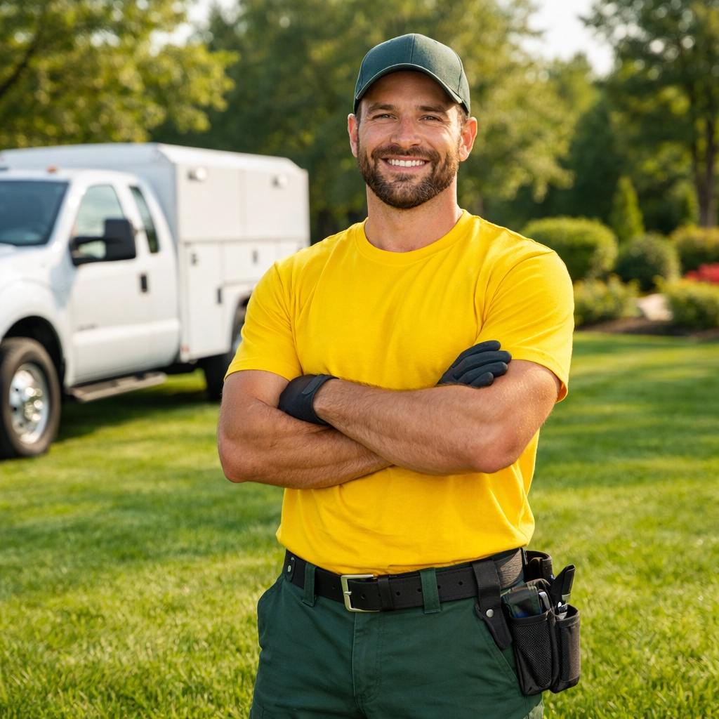Professional landscaper wearing a bright custom t shirt on a manicured lawn to build business credibility.