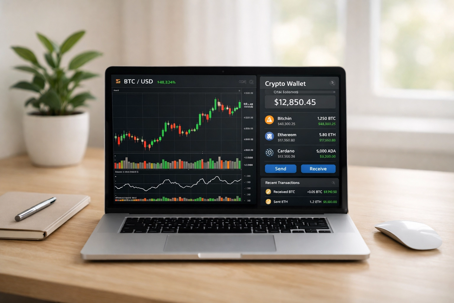 Tax preparer reviewing cryptocurrency transactions and digital wallet data on laptop