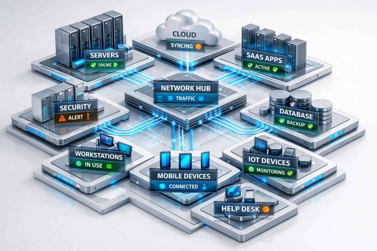 ServiceNow ITAM infrastructure visualization showing IT asset management and network connectivity