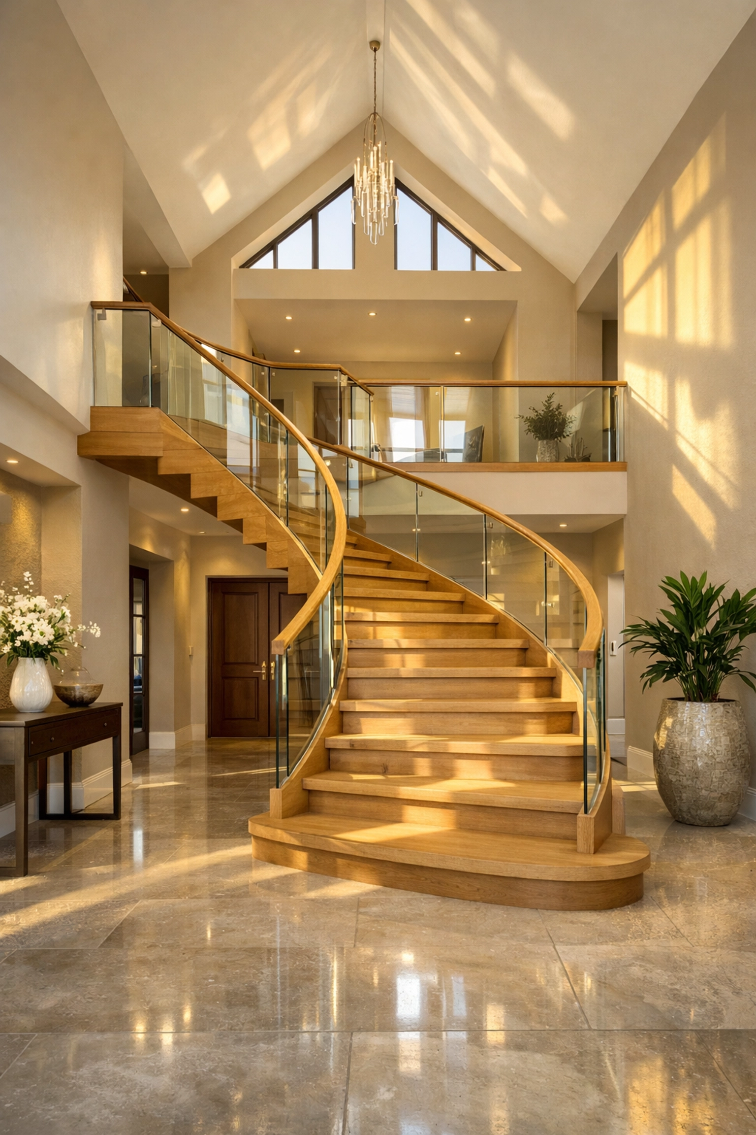 Modern oak and glass staircase in a light-filled double-height entrance of a bungalow transformation.