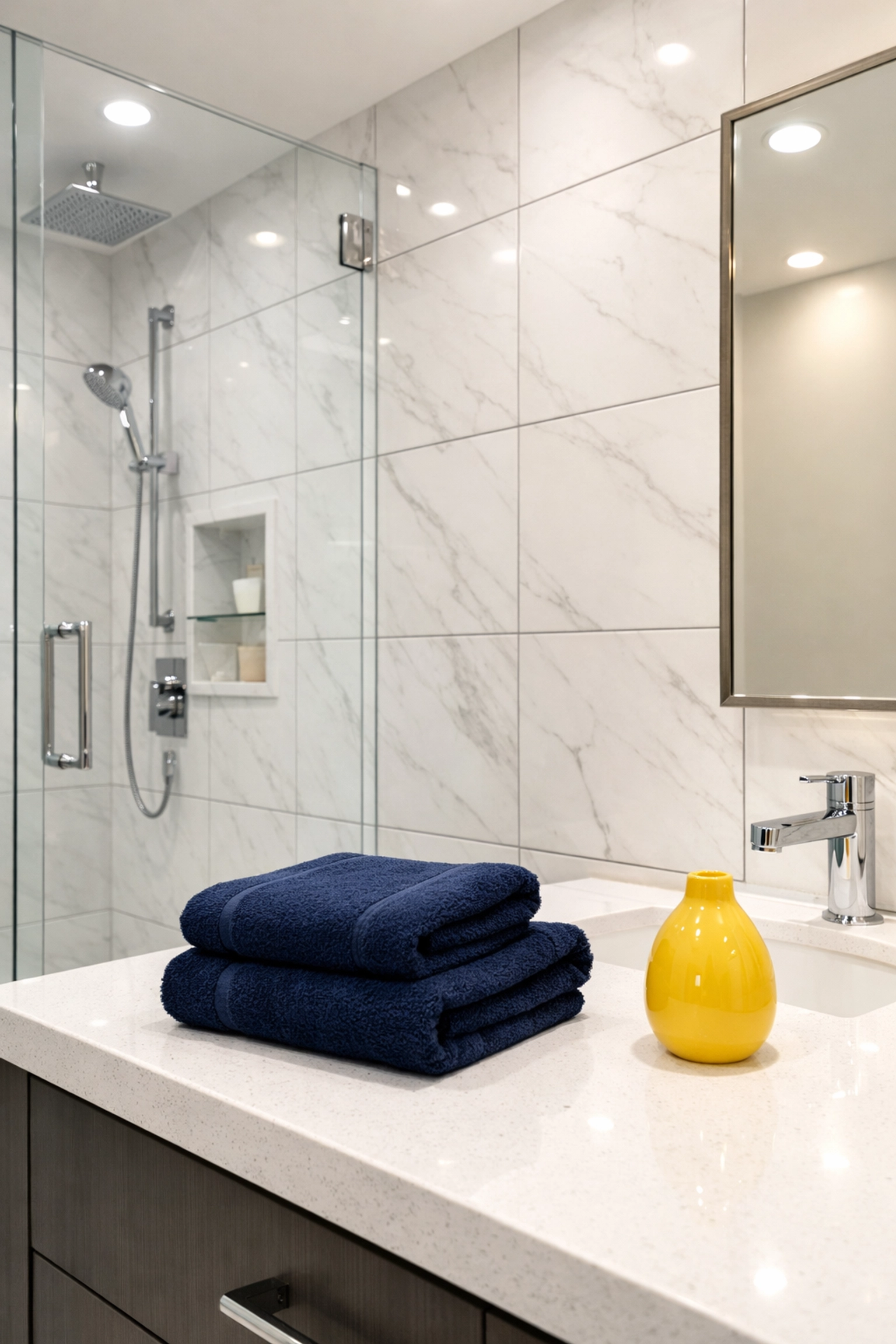 Spotless luxury bathroom in Lowell featuring clean marble tiles and sanitized fixtures.