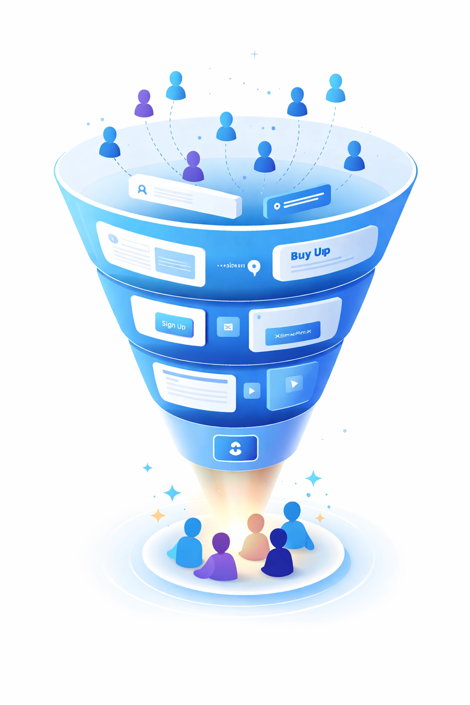 Illustration of a customer journey funnel with web elements guiding users to conversion, emphasizing strategic web design