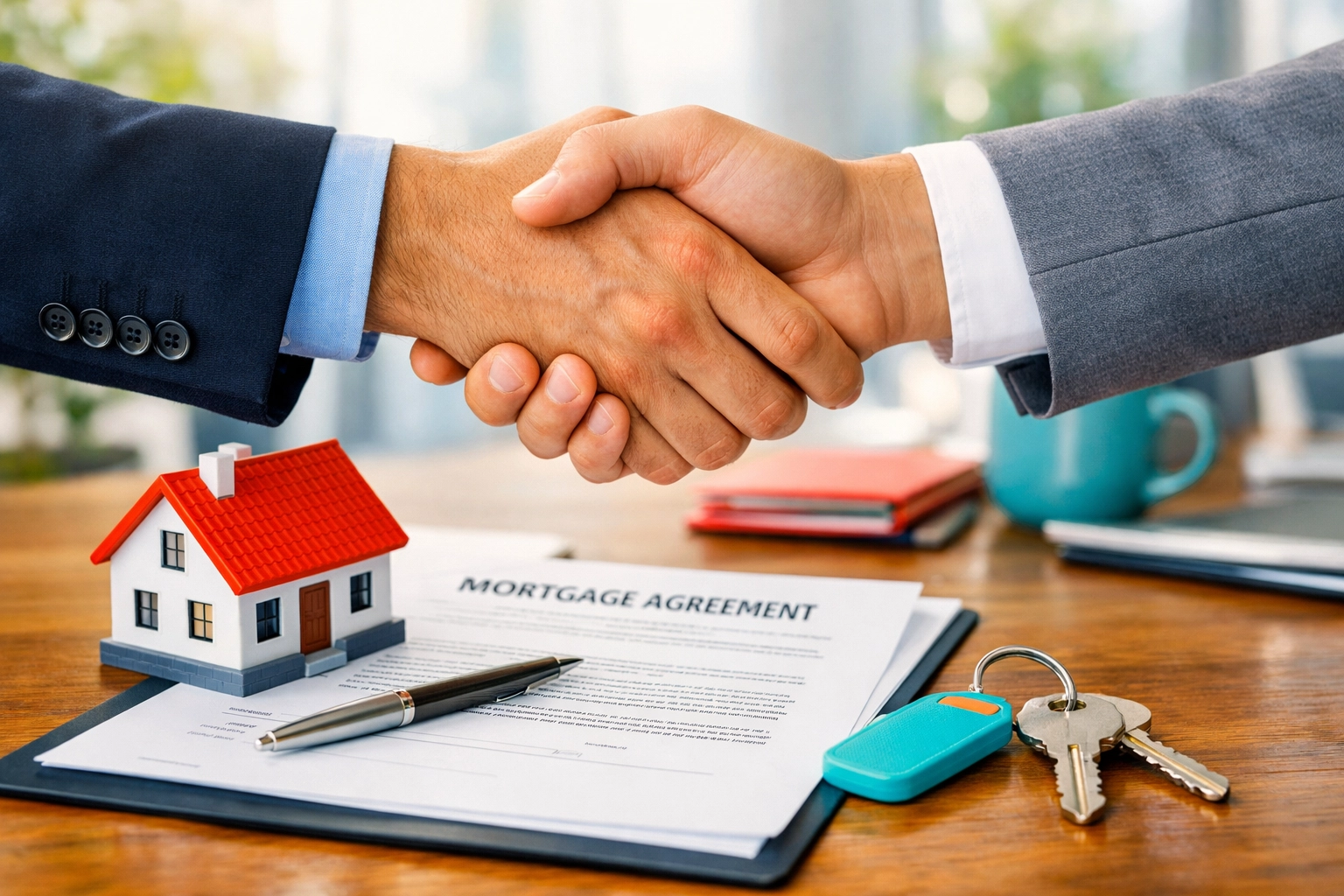 Mortgage broker partnership handshake with house keys and documents for Alberta refinancing