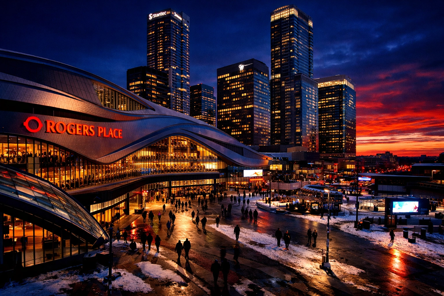 Twilight view of Edmonton's Ice District and downtown skyline in winter.