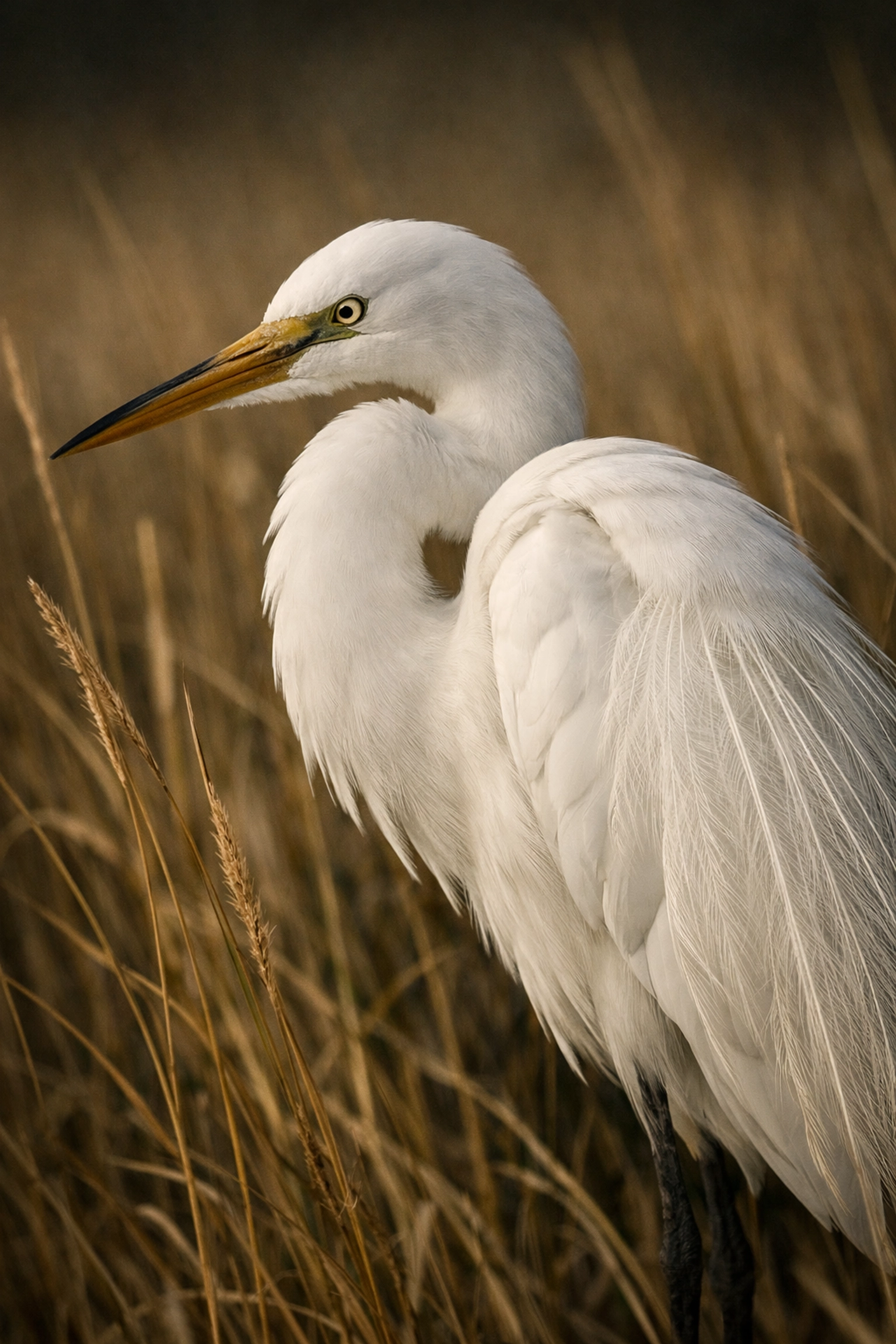 Fine art close-up of a Great Egret in golden sawgrass, showcasing wildlife photography in the Everglades.