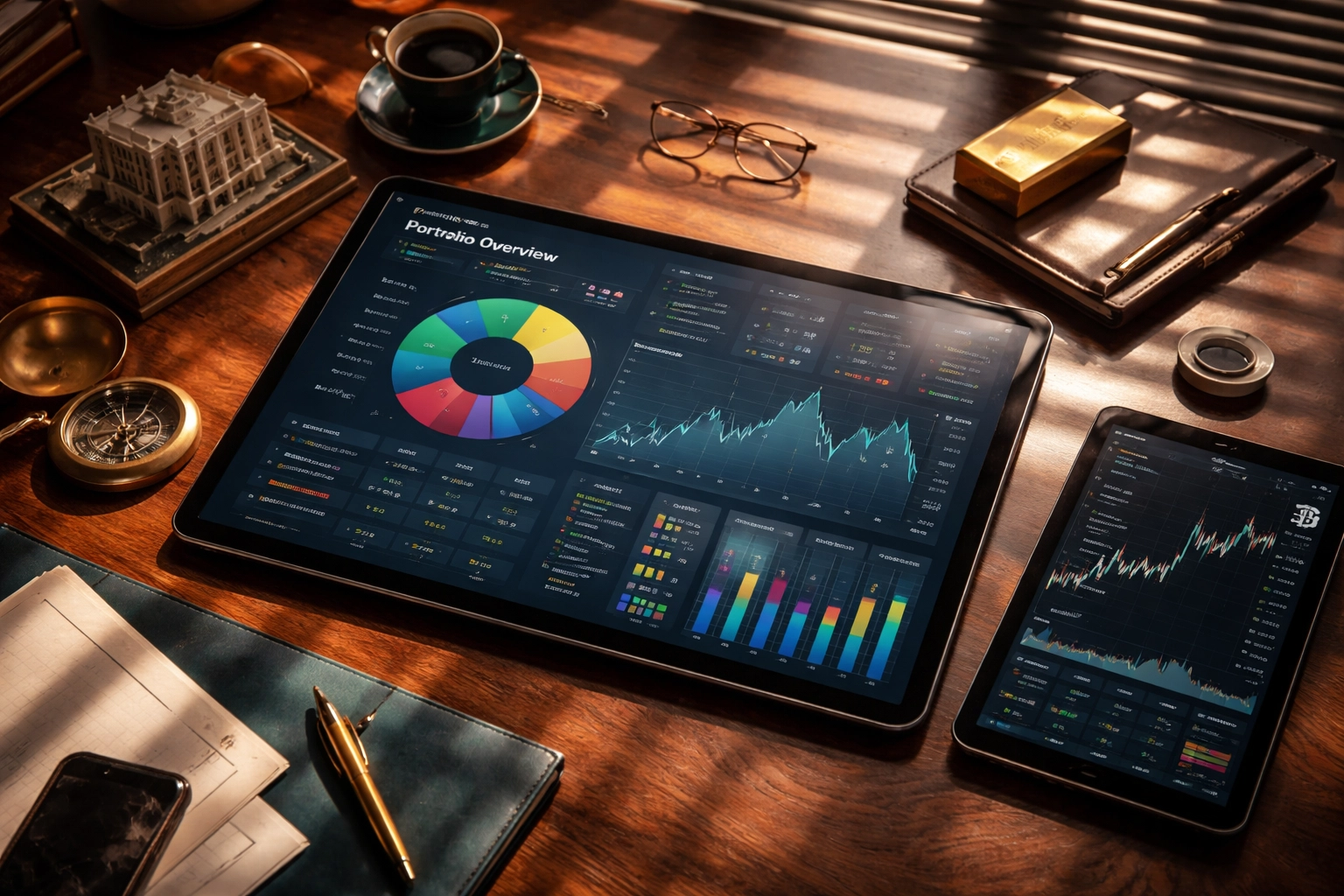 Investor's desk with portfolio analytics, real estate, gold, and crypto elements reflects diversified investment strategies