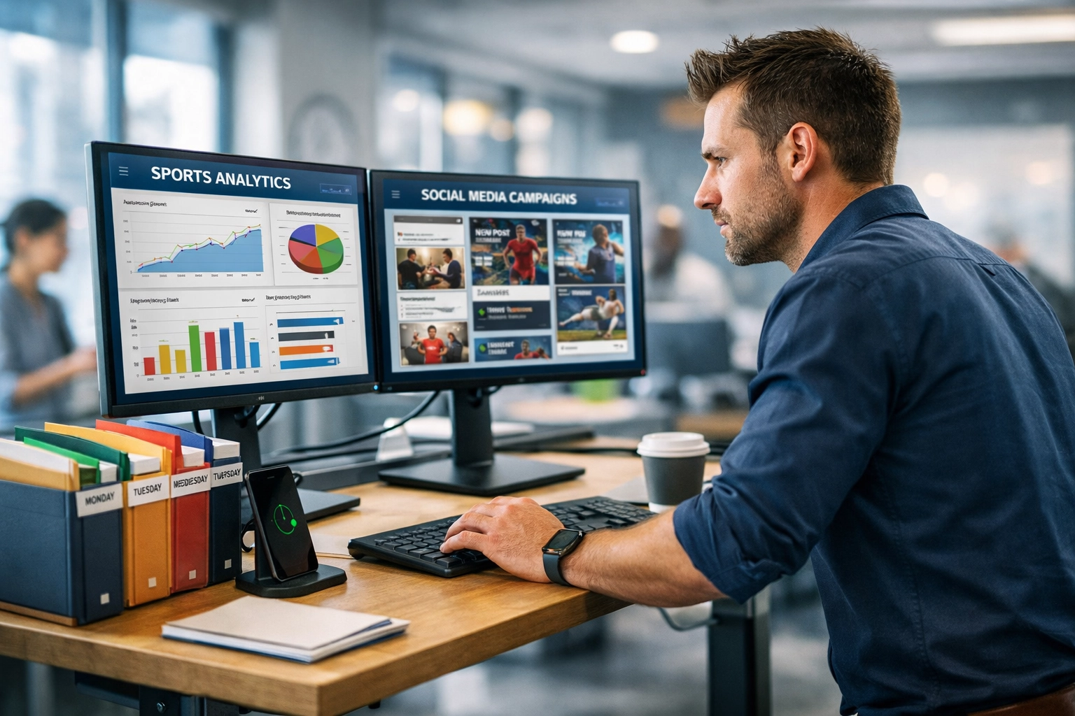 Sports marketing professional creating batch content with dual monitors displaying analytics and templates