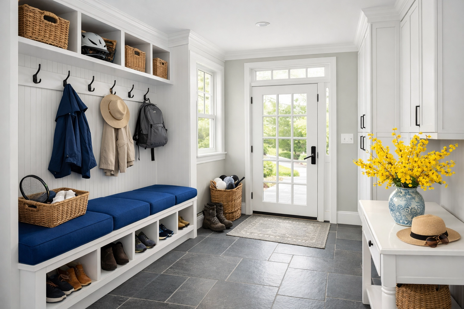 Spotless luxury mudroom with slate flooring and custom cabinetry, a result of professional Dover estate upkeep.