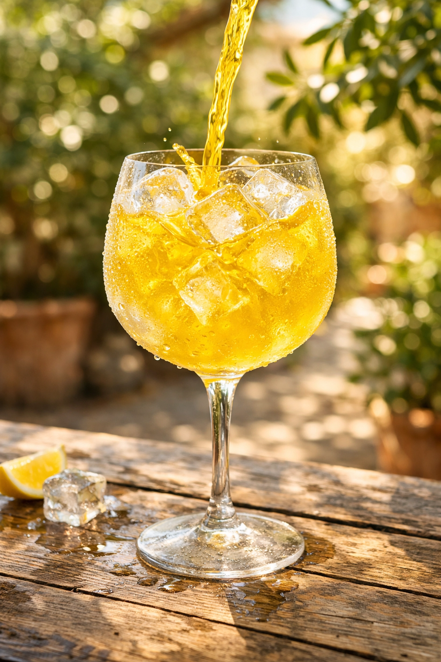 Pouring a refreshing Limoncello Spritz over large ice cubes in a frosted glass on a sunny summer afternoon.