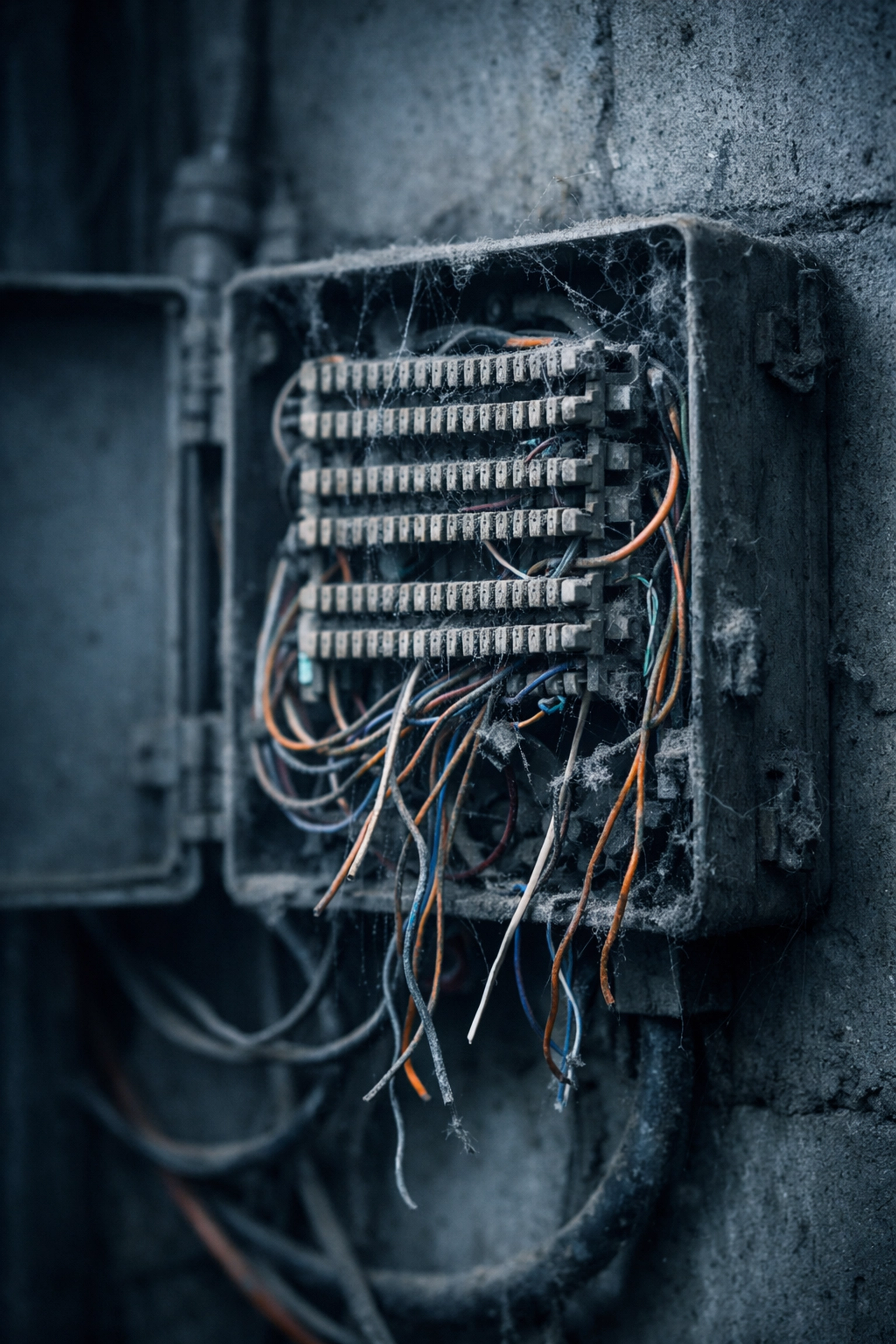 Abandoned telephone junction box with tangled wires showing forgotten POTS lines before copper sunset