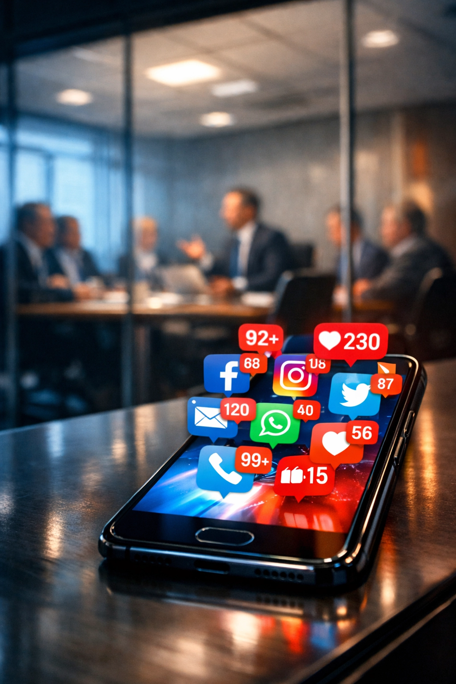 Social media alerts overwhelming phone during corporate meeting illustrating crisis response time gap