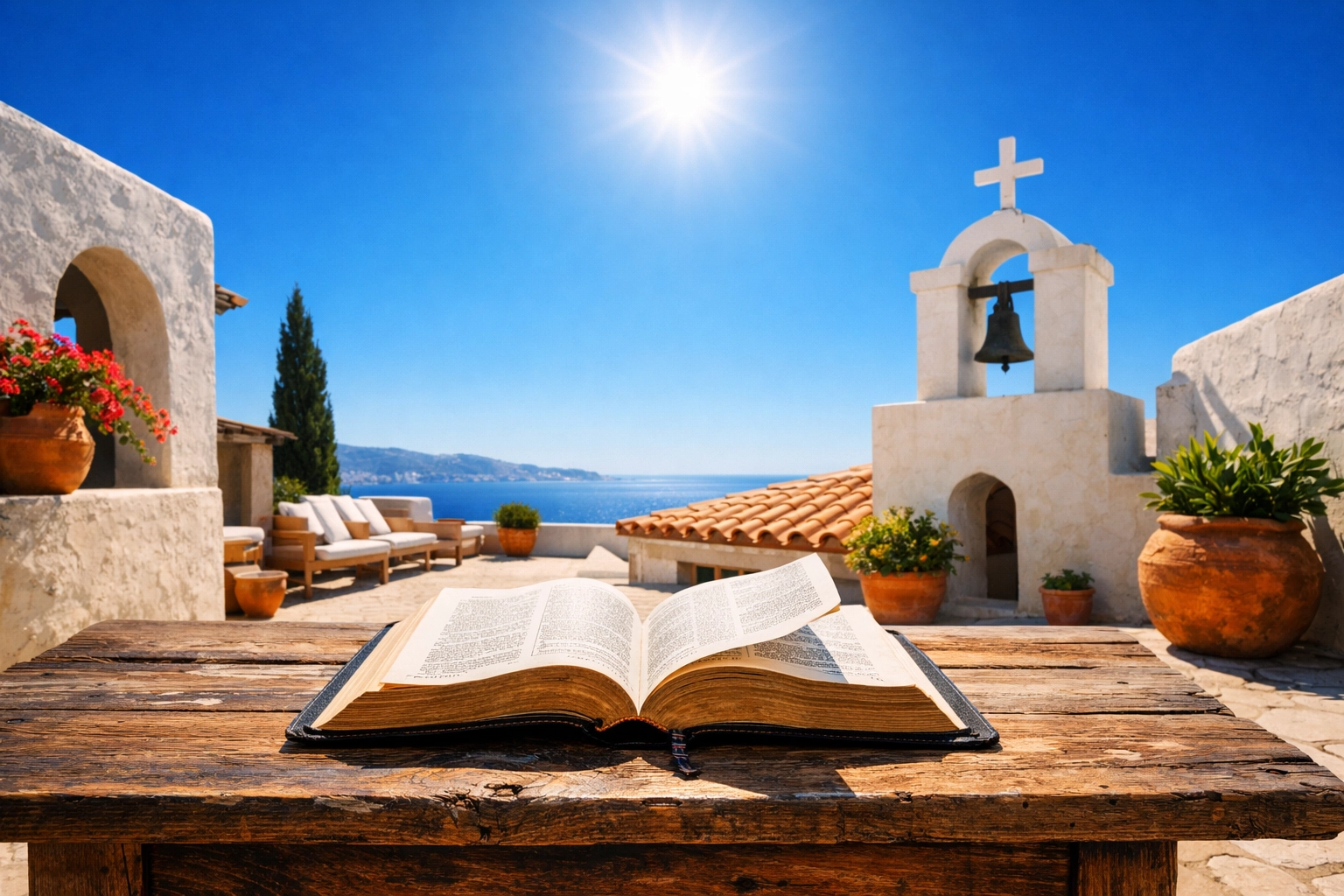 Open Bible on a sunlit table representing a midday pivot toward spiritual clarity and peace.