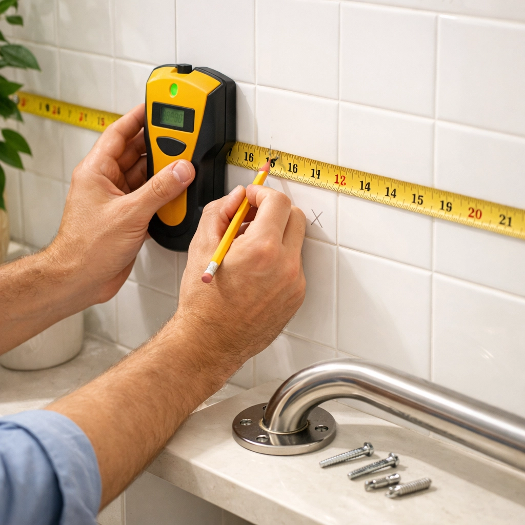 Using a stud finder to locate wall studs for proper grab bar installation in bathroom