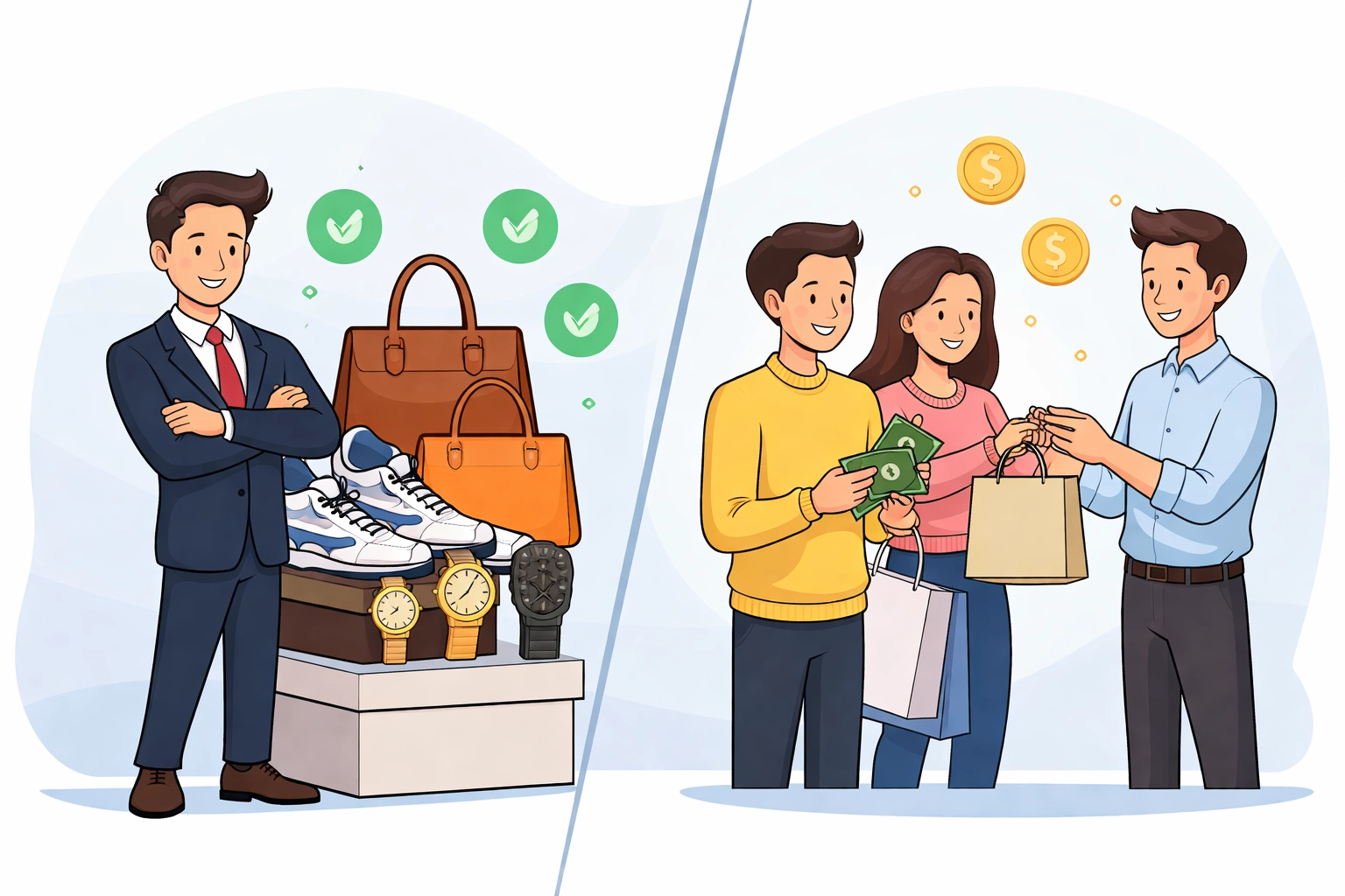 Confident seller with authenticated luxury goods and happy customers exchanging money, underscoring the value of verified items in the resale market.