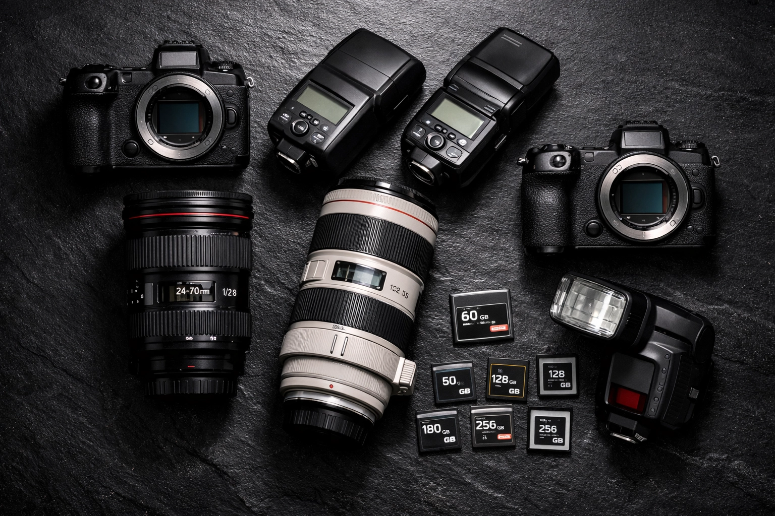 Professional photography gear for Miami events including full-frame cameras, high-end lenses, and speedlights.