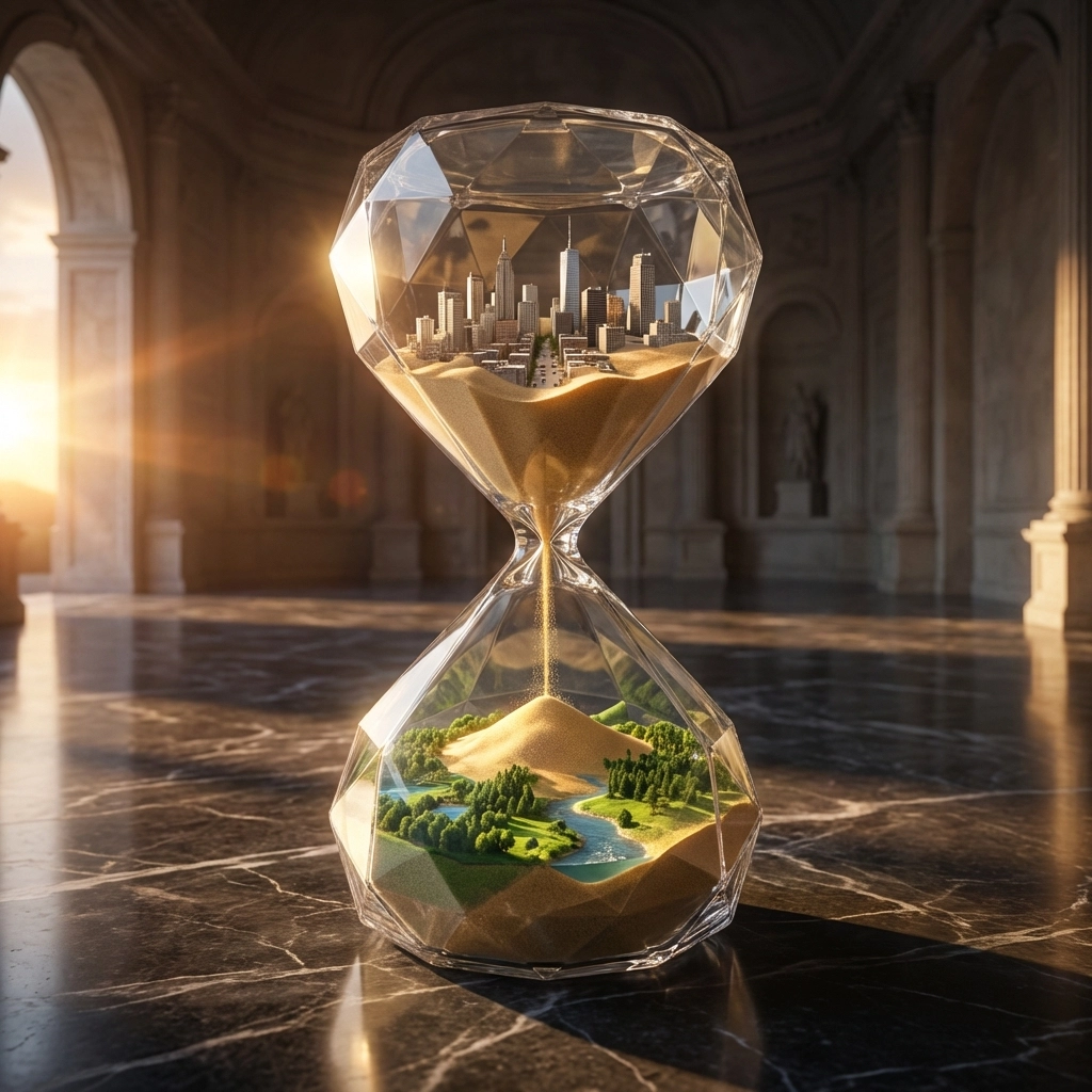 Hourglass with cityscape and landscape inside, illustrating asset allocation and long-term time horizons in private equity investing.