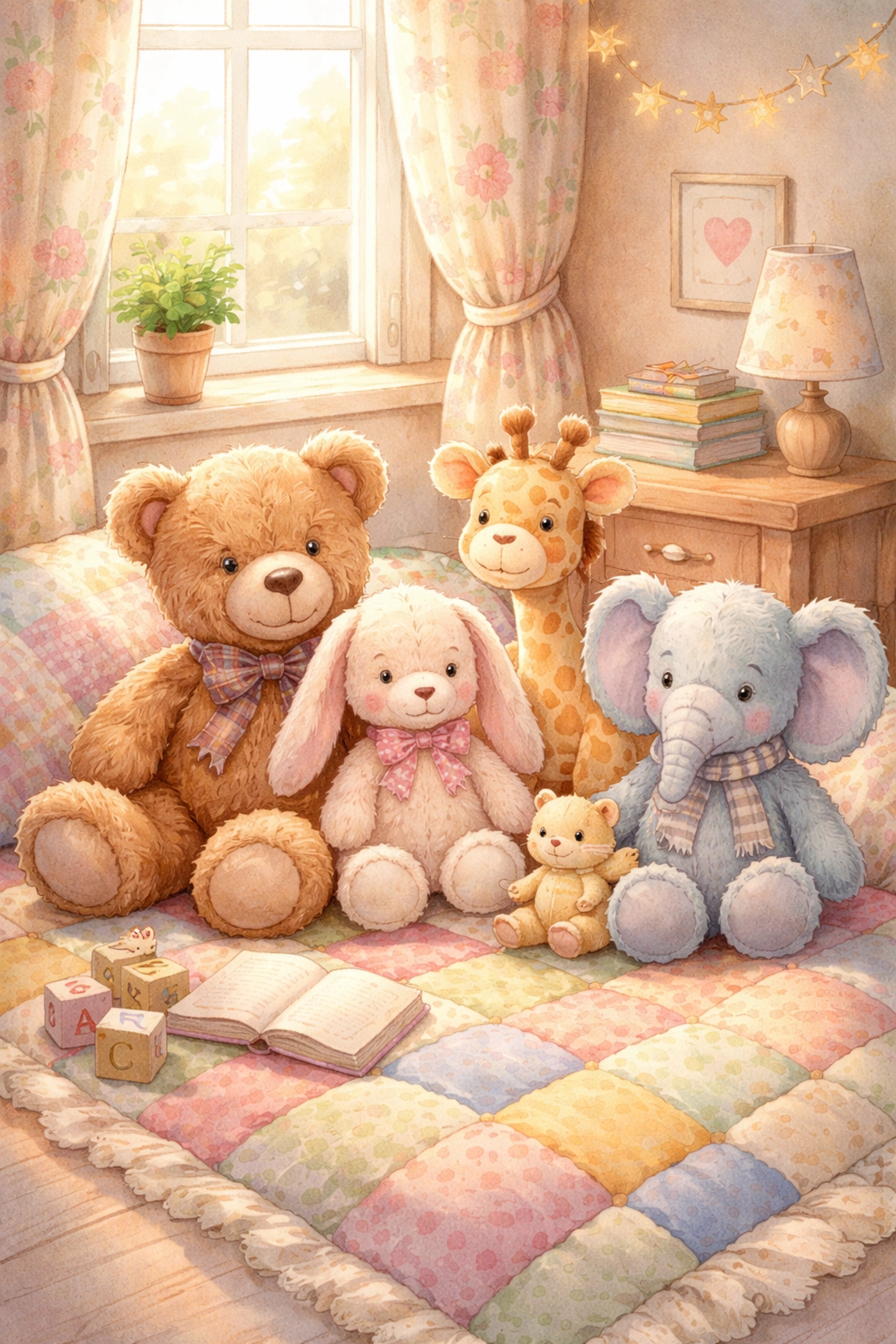 A group of stuffed animals on a quilt, ready for pretend check-ups in a child's vet clinic at home.