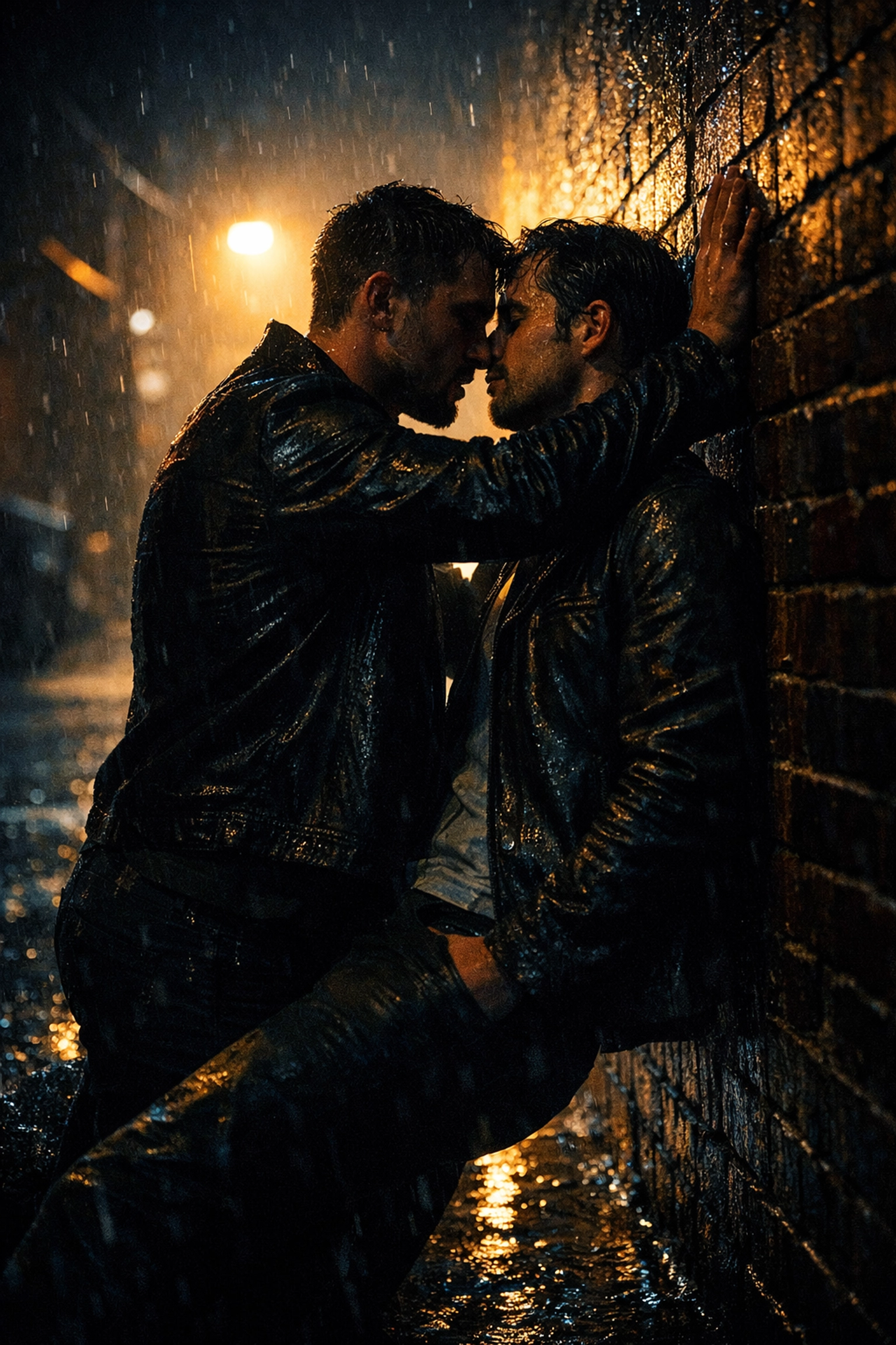 Two men in intimate embrace against brick wall in urban alley - MM romance in unexpected places