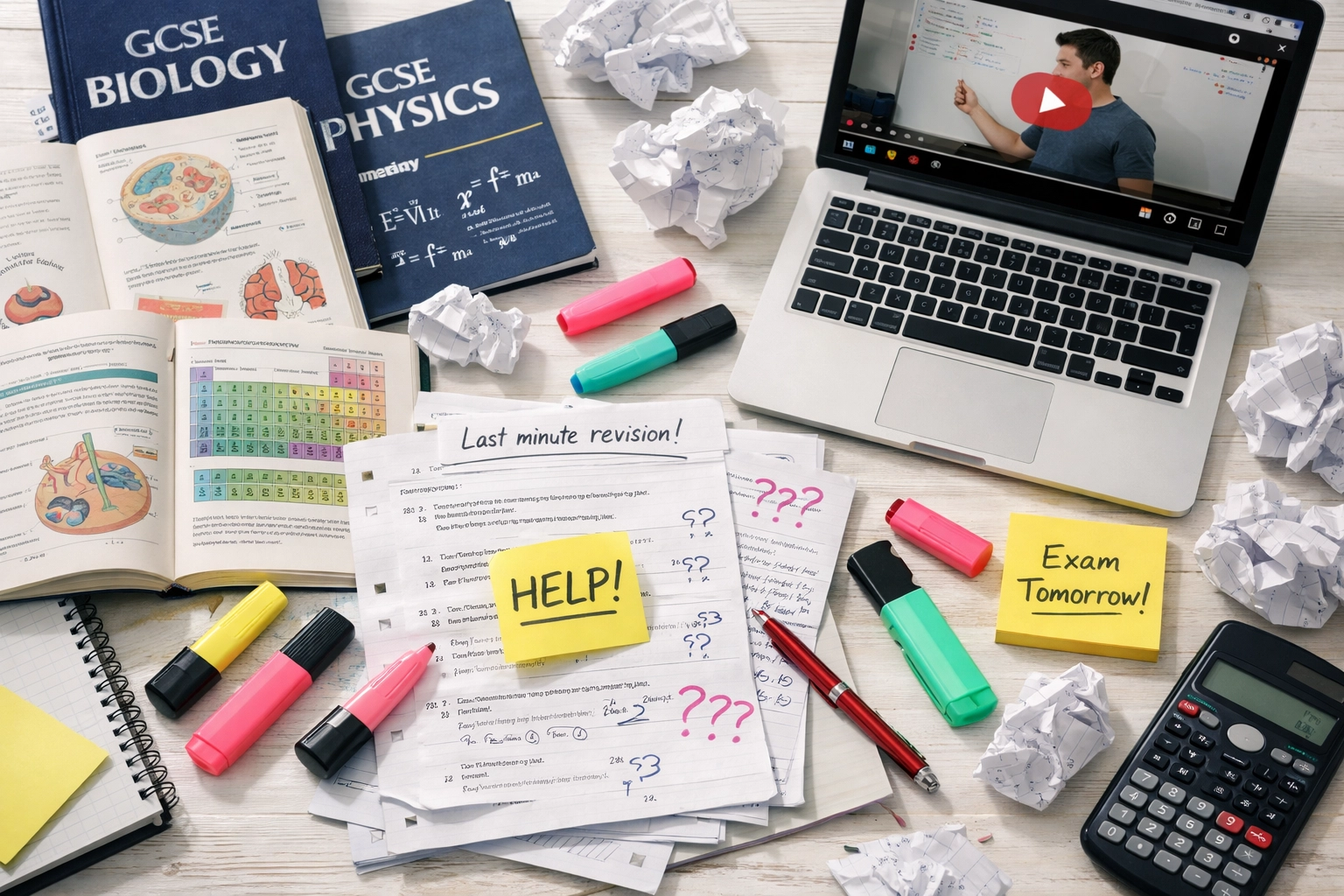 Cluttered student desk with scattered GCSE Science textbooks, highlighters, and unfinished revision notes