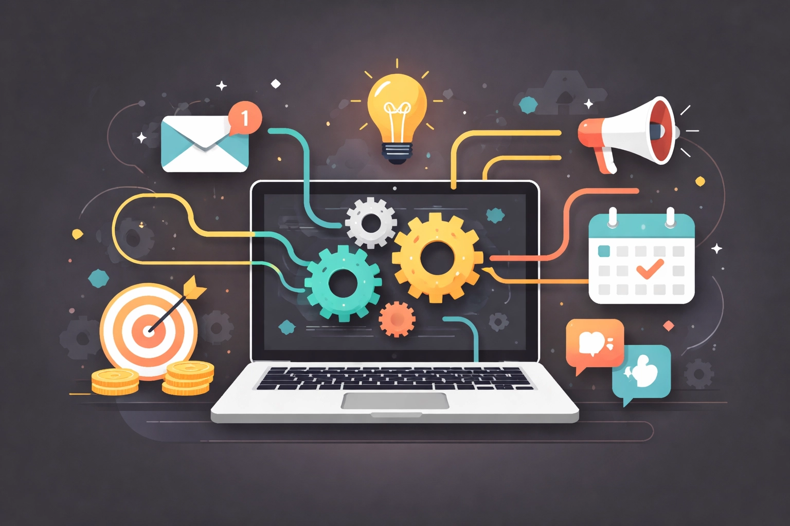 Laptop with gears and automation icons, representing digital tools for web design and marketing efficiency in Chattanooga.