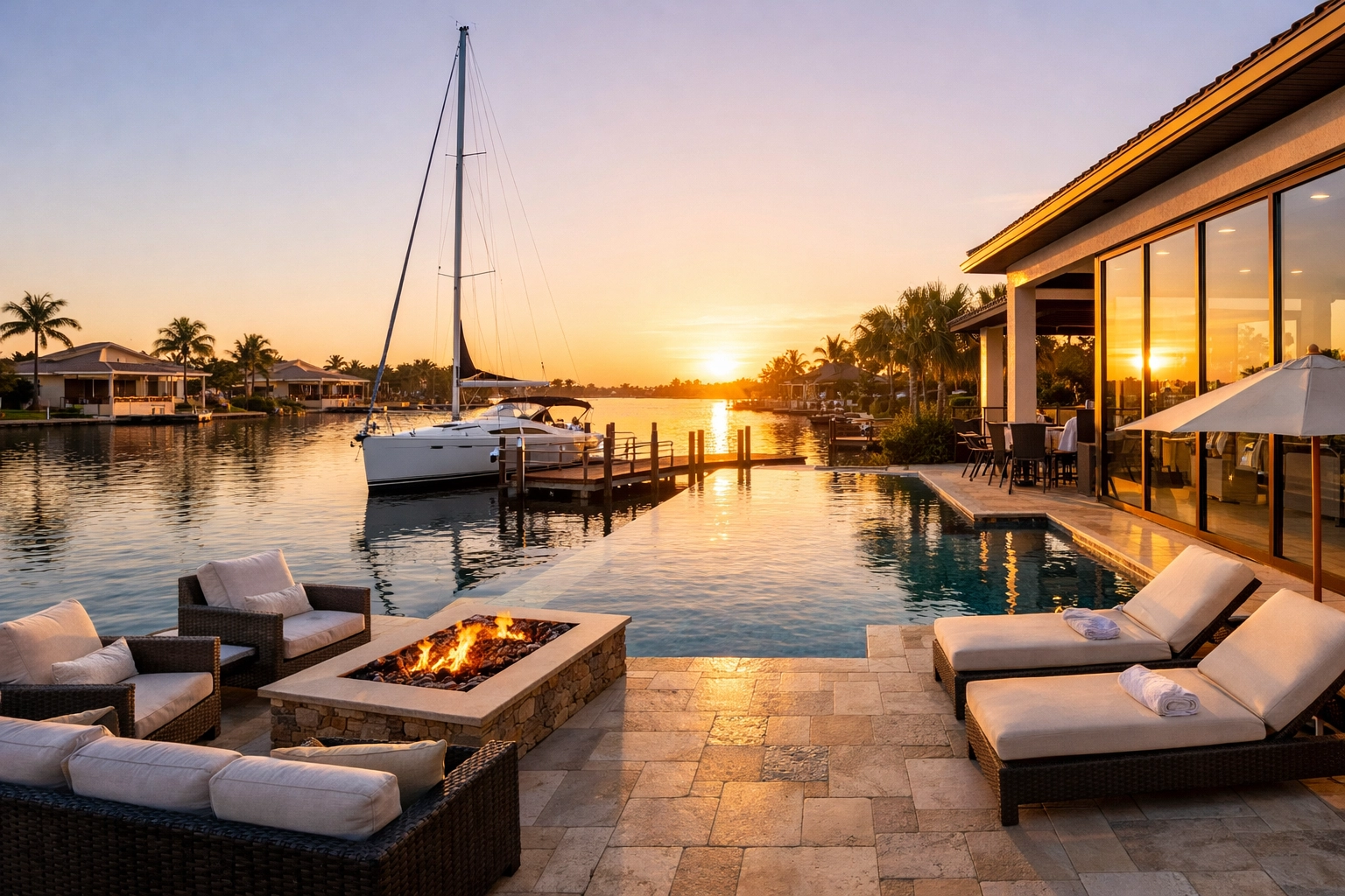 Modern home in one of the gated communities in Cape Coral Florida with a sailboat dock.