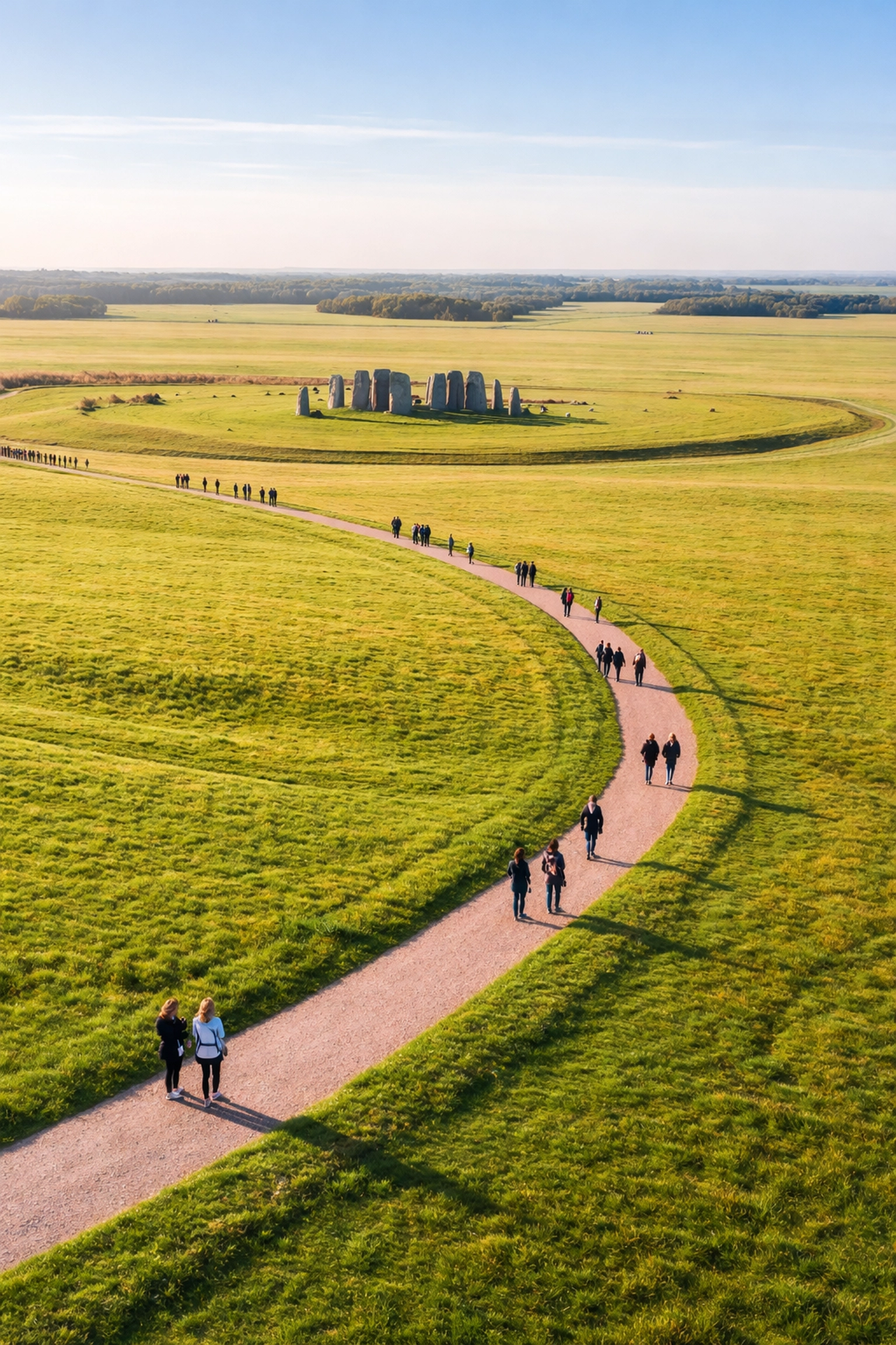 Aerial view of Stonehenge visitor path across Salisbury Plain, with travelers walking toward the stone circle.