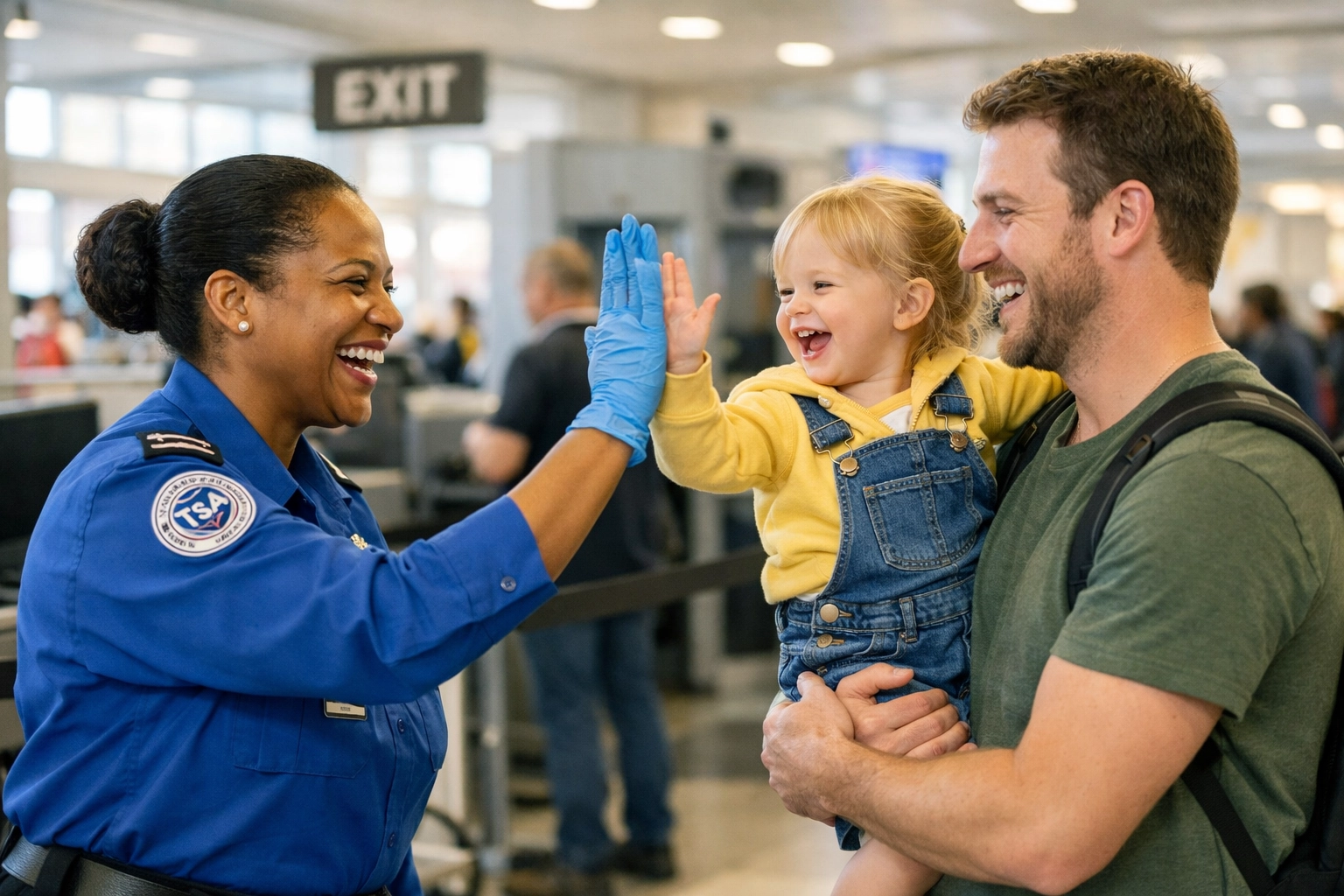 A TSA officer smiling at an airport terminal, highlighting the human impact of federal employees returning to work.