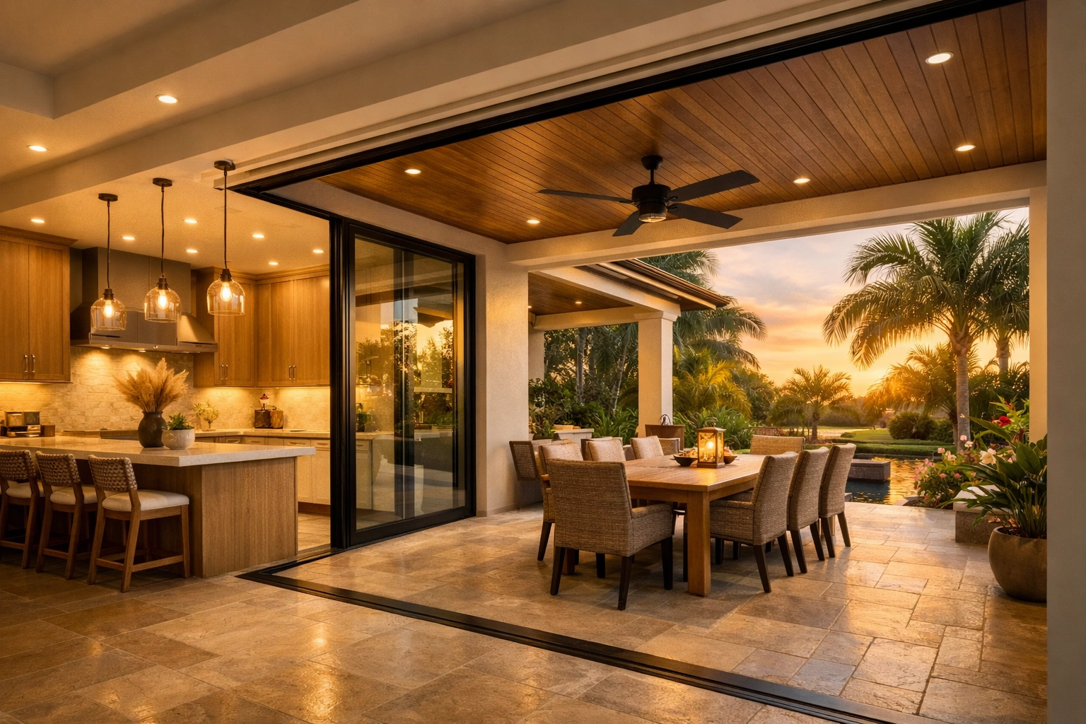 Indoor-outdoor kitchen extension in Orlando home with patio dining area