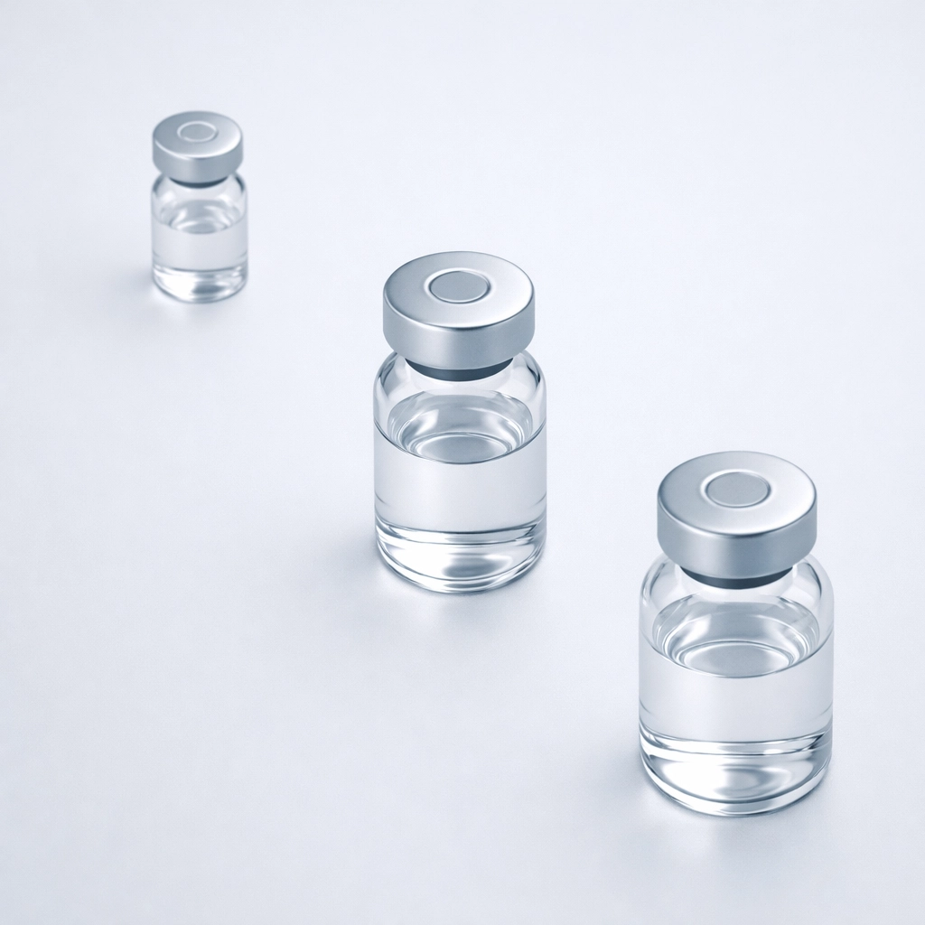 Clinical arrangement of peptide vials for precise research dosage and reconstitution.