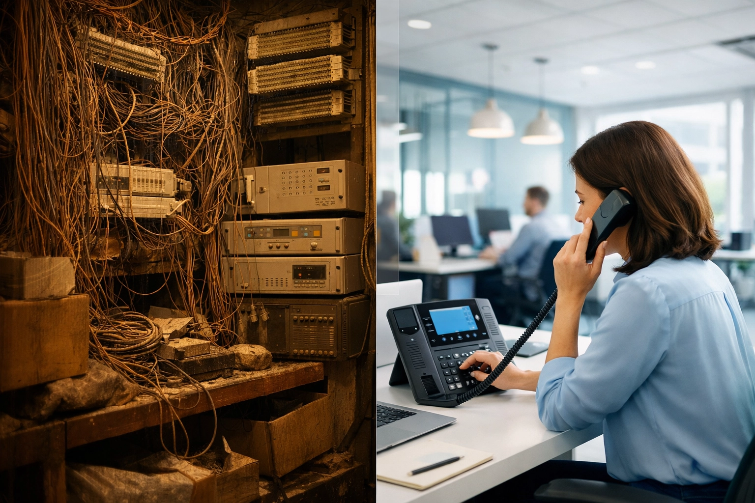 Comparing legacy landline hardware with modern business VoIP Canada systems for office cost savings.