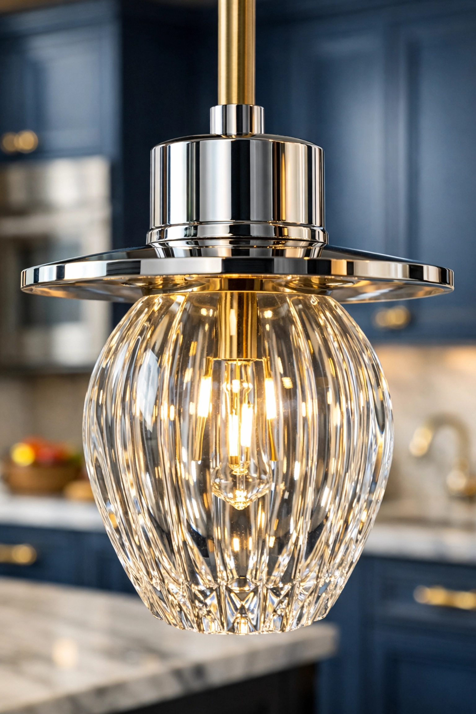 Detailed view of a dust-free kitchen pendant light fixture following a thorough post-construction second pass.