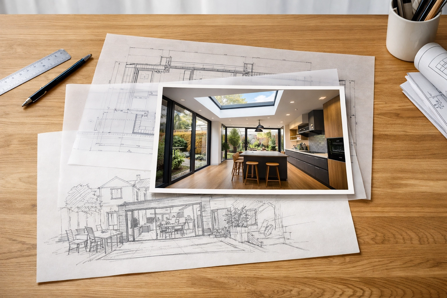The architectural design and build process stages for a London residential home extension.