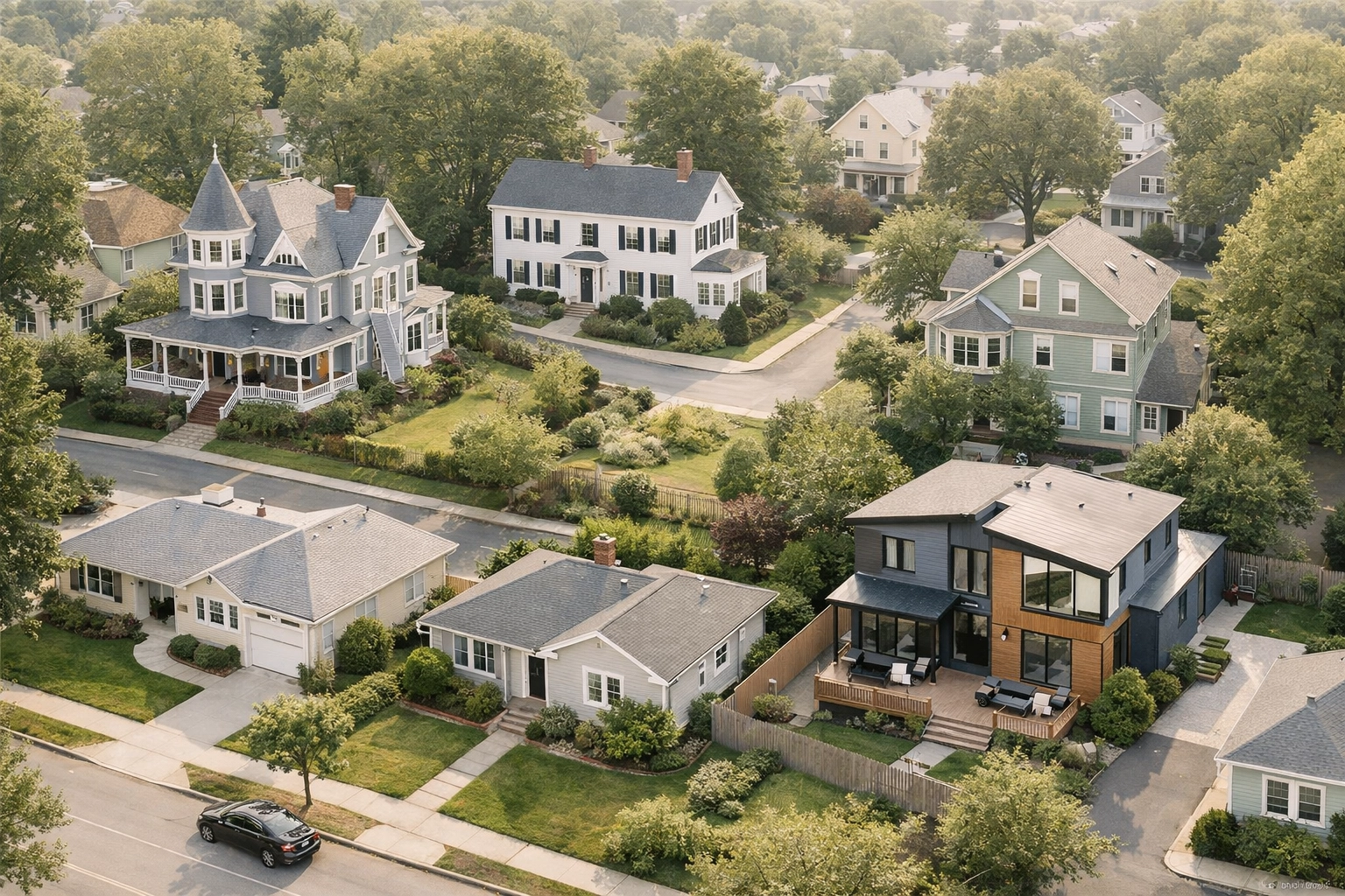 Aerial view of diverse Medford MA properties including Victorian and Colonial homes