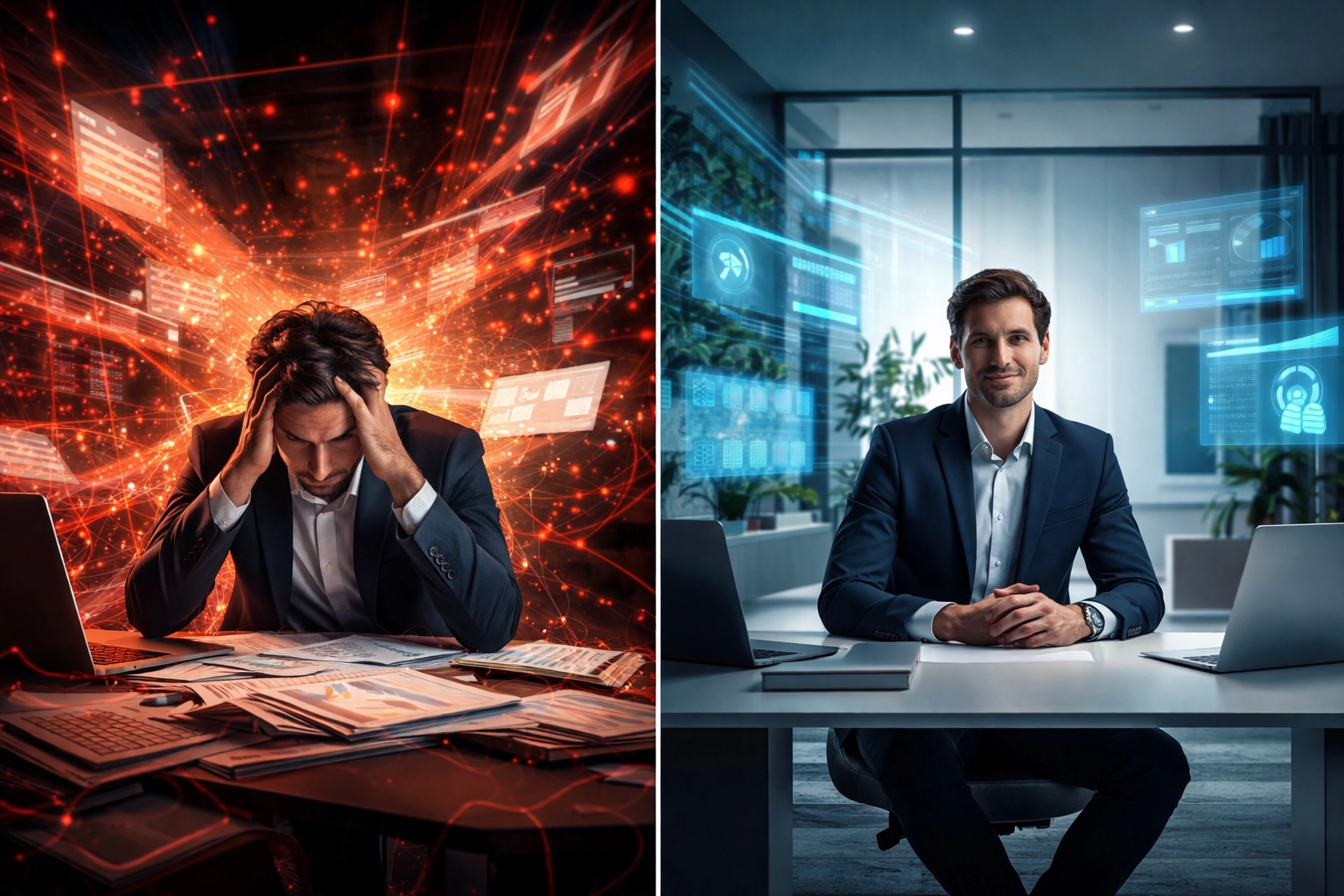 Business owner transforming from chaotic workflows to streamlined AI automation solutions