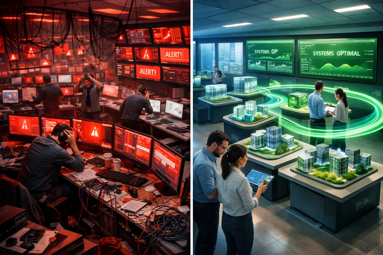 Comparison of traditional IT operations versus ServiceNow autonomous ITOM self-healing workflows