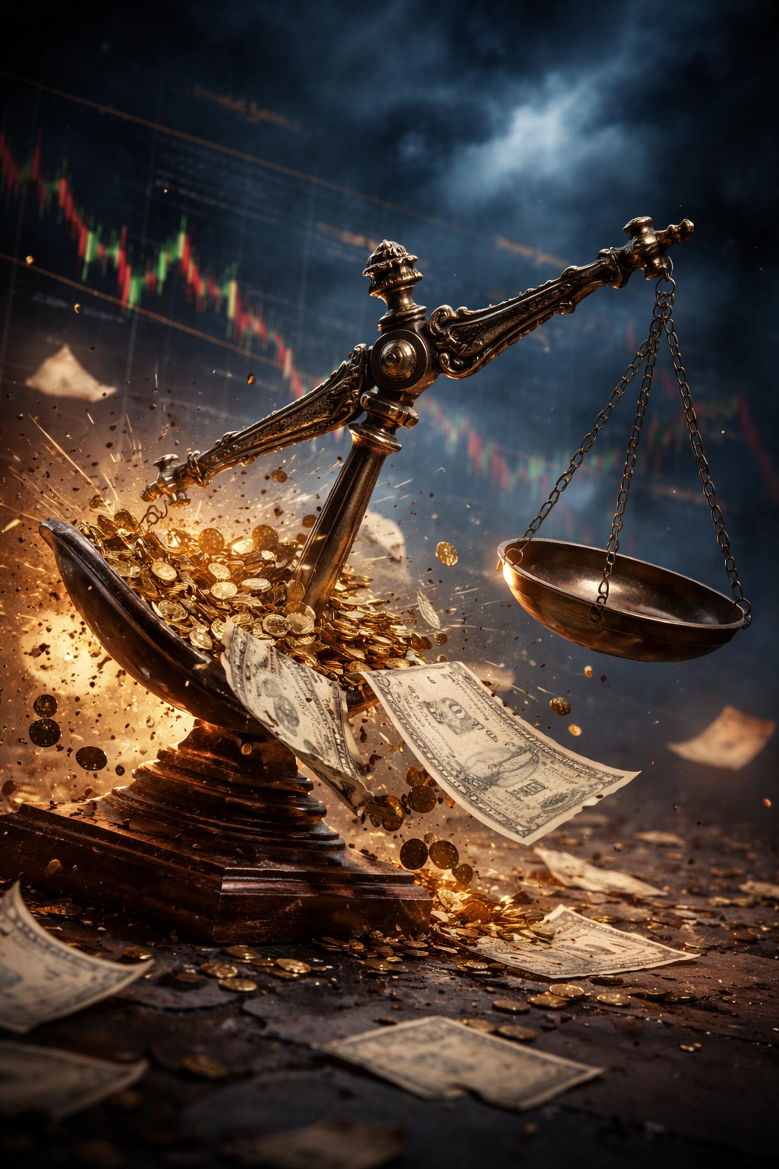 A balanced scale breaking apart against volatile stock charts, illustrating the failure of traditional 60/40 portfolios for accredited investors.