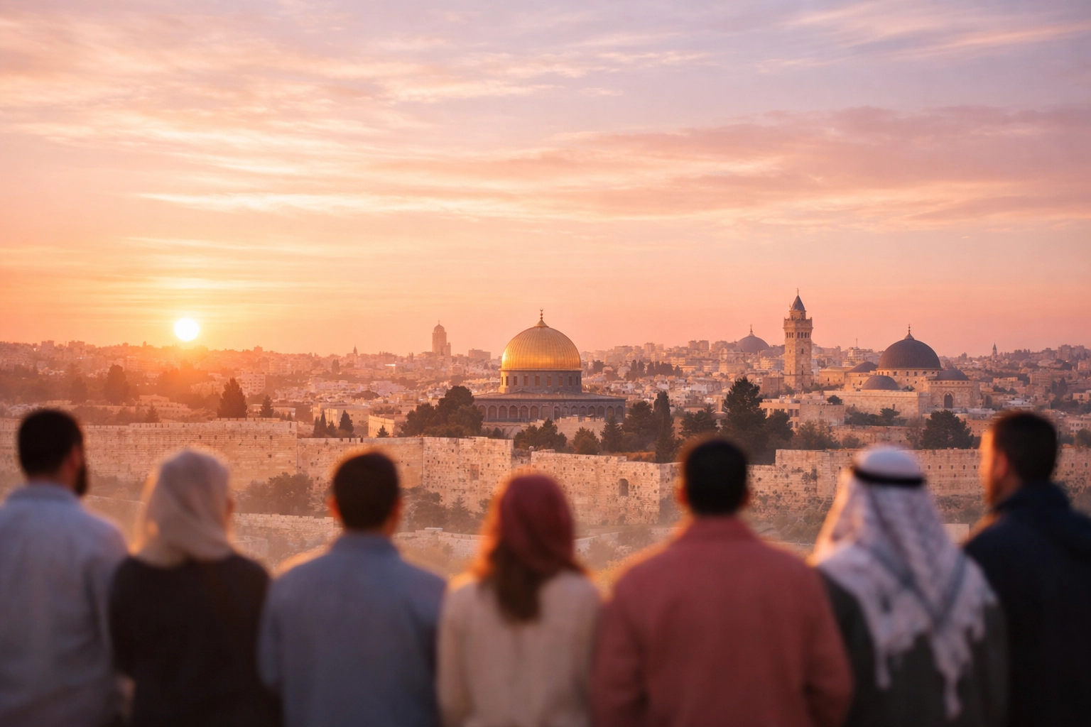 Sunrise over the Old City of Jerusalem with people silhouetted in prayer, showing hope and resilient faith.