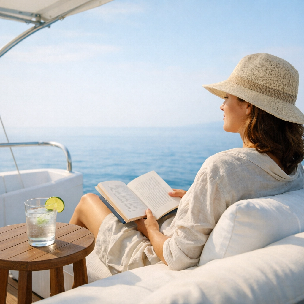 Traveler relaxing on a yacht sun deck during a surface interval, overlooking a calm ocean horizon.