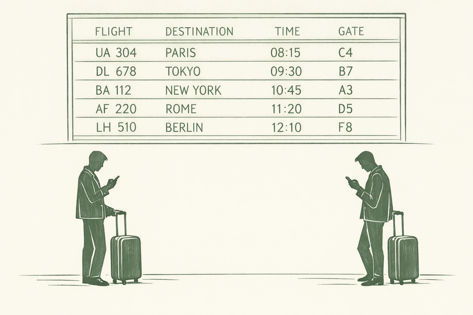 Airport departure board with two separated male travelers at gate showing emotional distance after encounter
